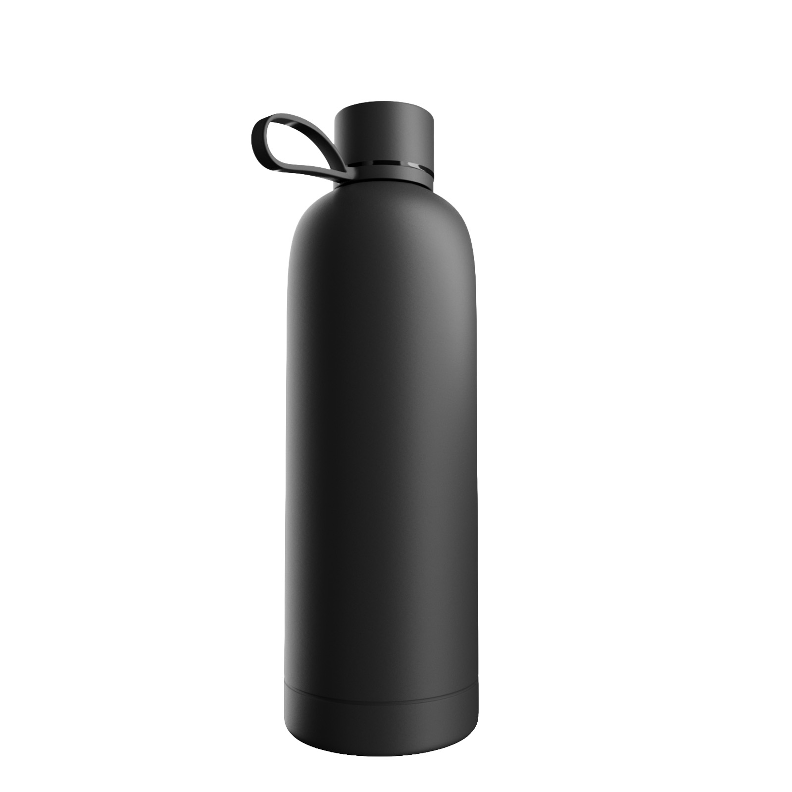 Una botella de agua negra mate con un asa de transporte en la tapa sobre fondo blanco.