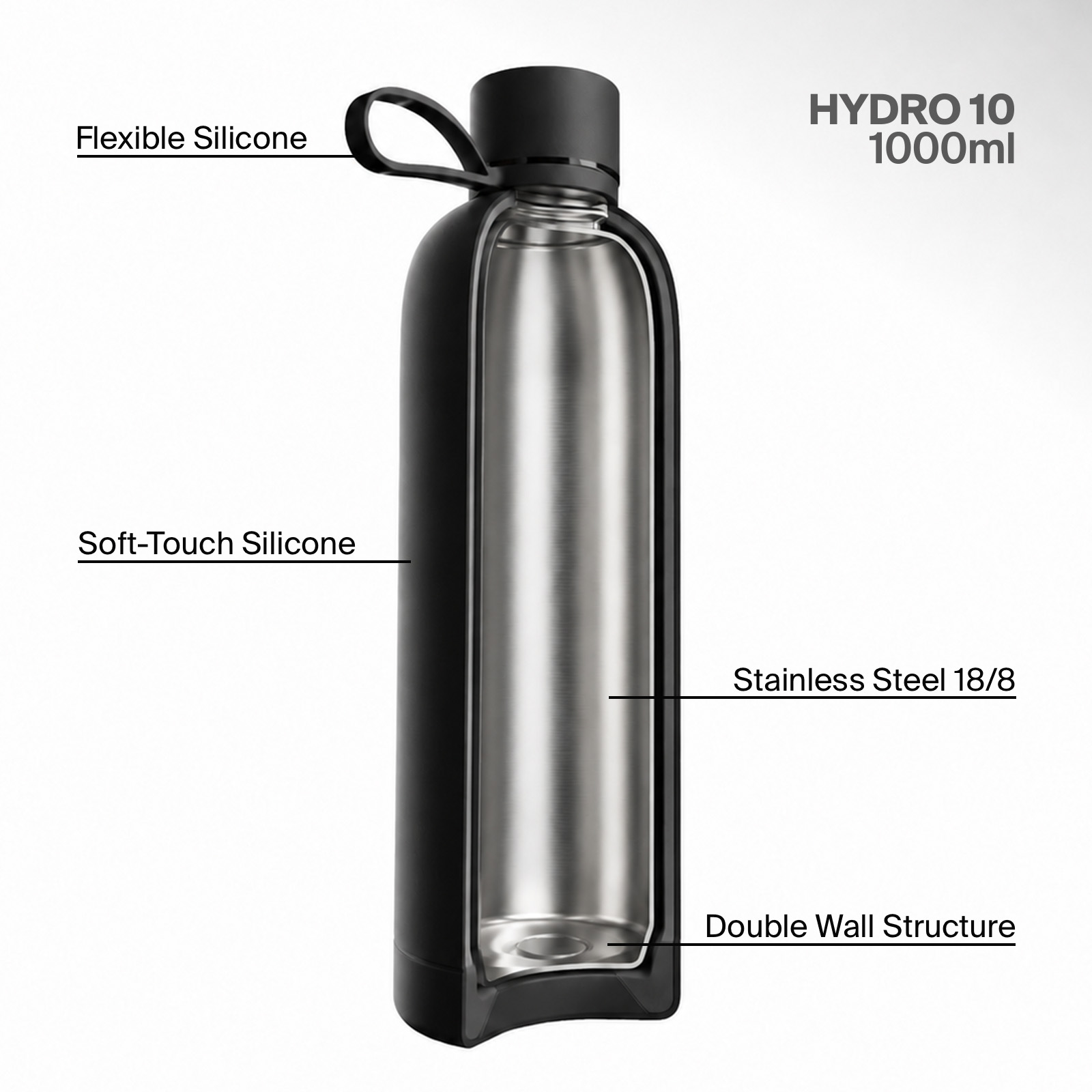 Sección transversal de una botella de acero inoxidable Hydro 10 de 1000 ml con asa de silicona y tacto suave.