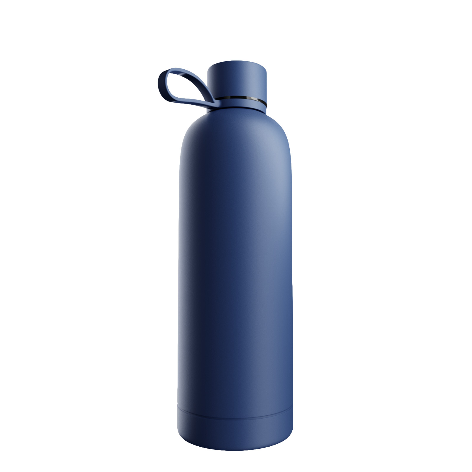 Una botella de agua de acero inoxidable azul oscuro mate con asa de transporte integrada en la tapa sobre fondo blanco.