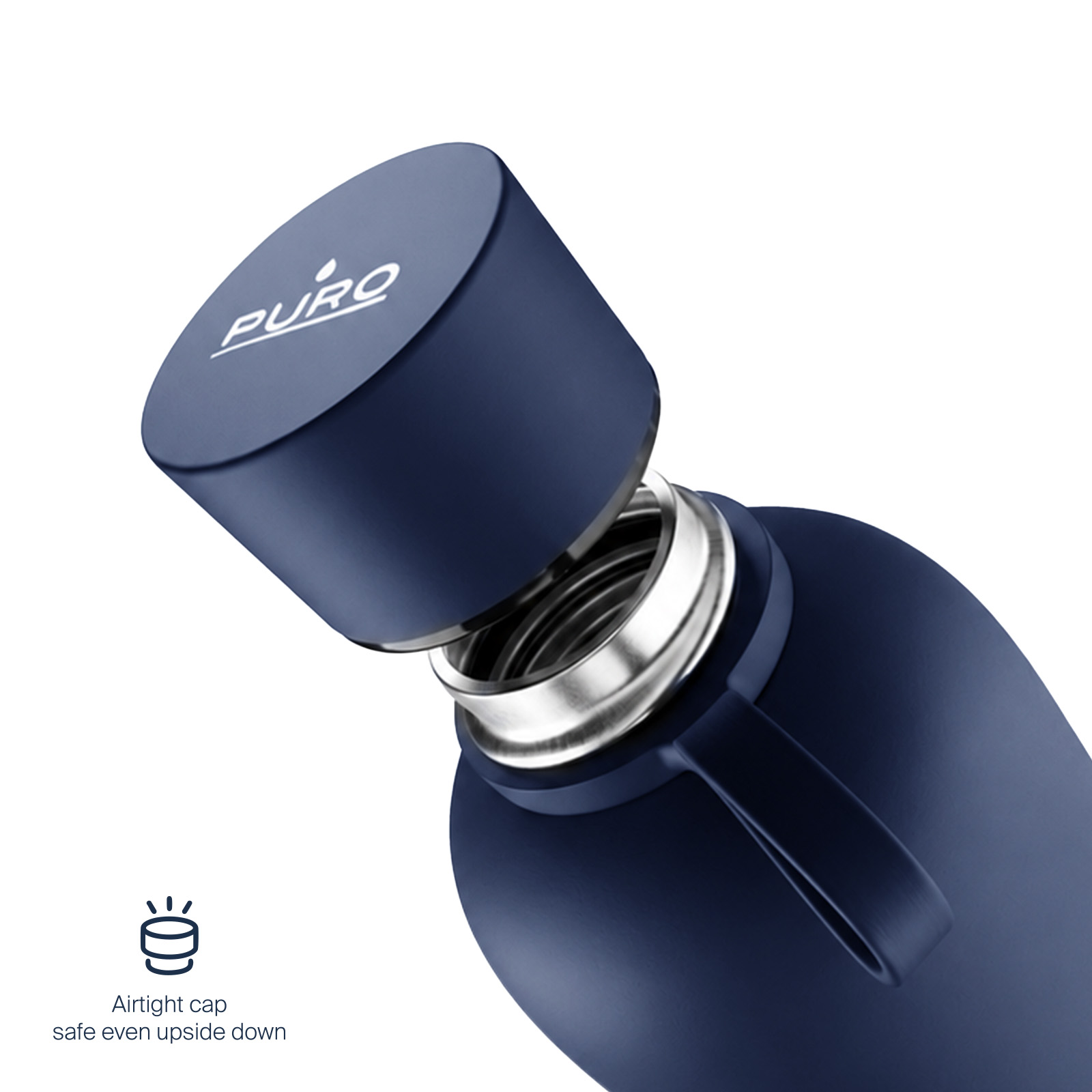 Botella térmica azul oscuro con tapa abierta, borde plateado y texto PURO, sobre fondo blanco.