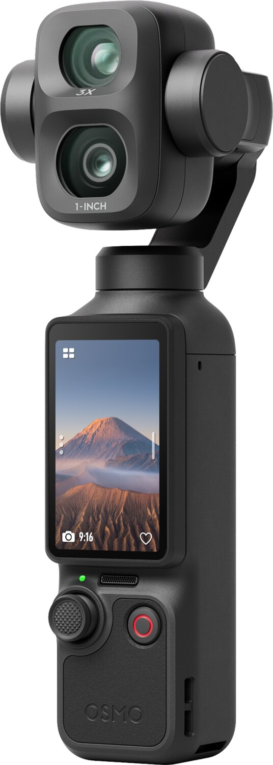 Una cámara DJI Osmo pocket negra con doble lente, pantalla táctil vertical con una montaña y botones de control.