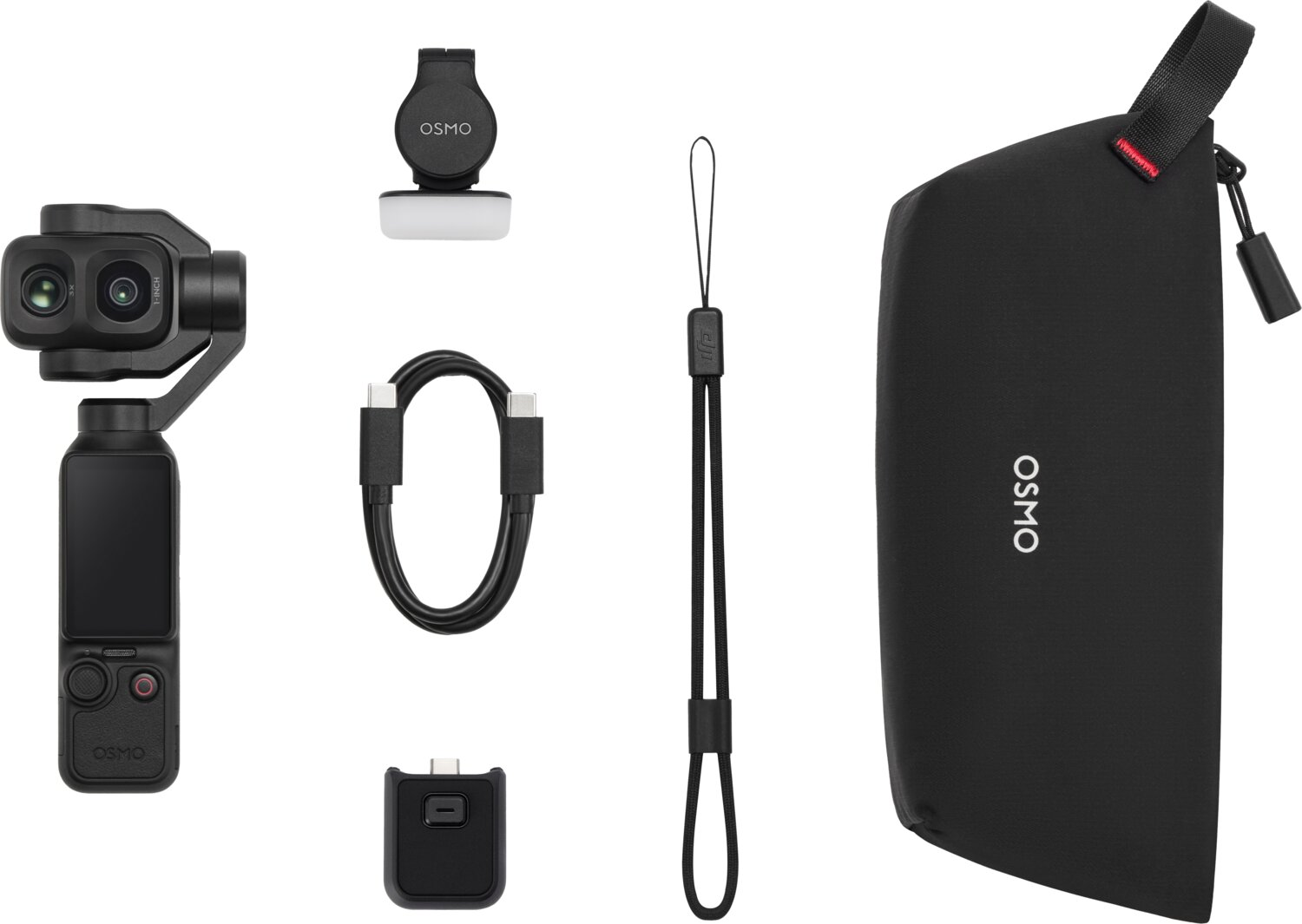 Cámara de acción negra DJI Osmo con accesorios, cable, correa y funda sobre fondo blanco.