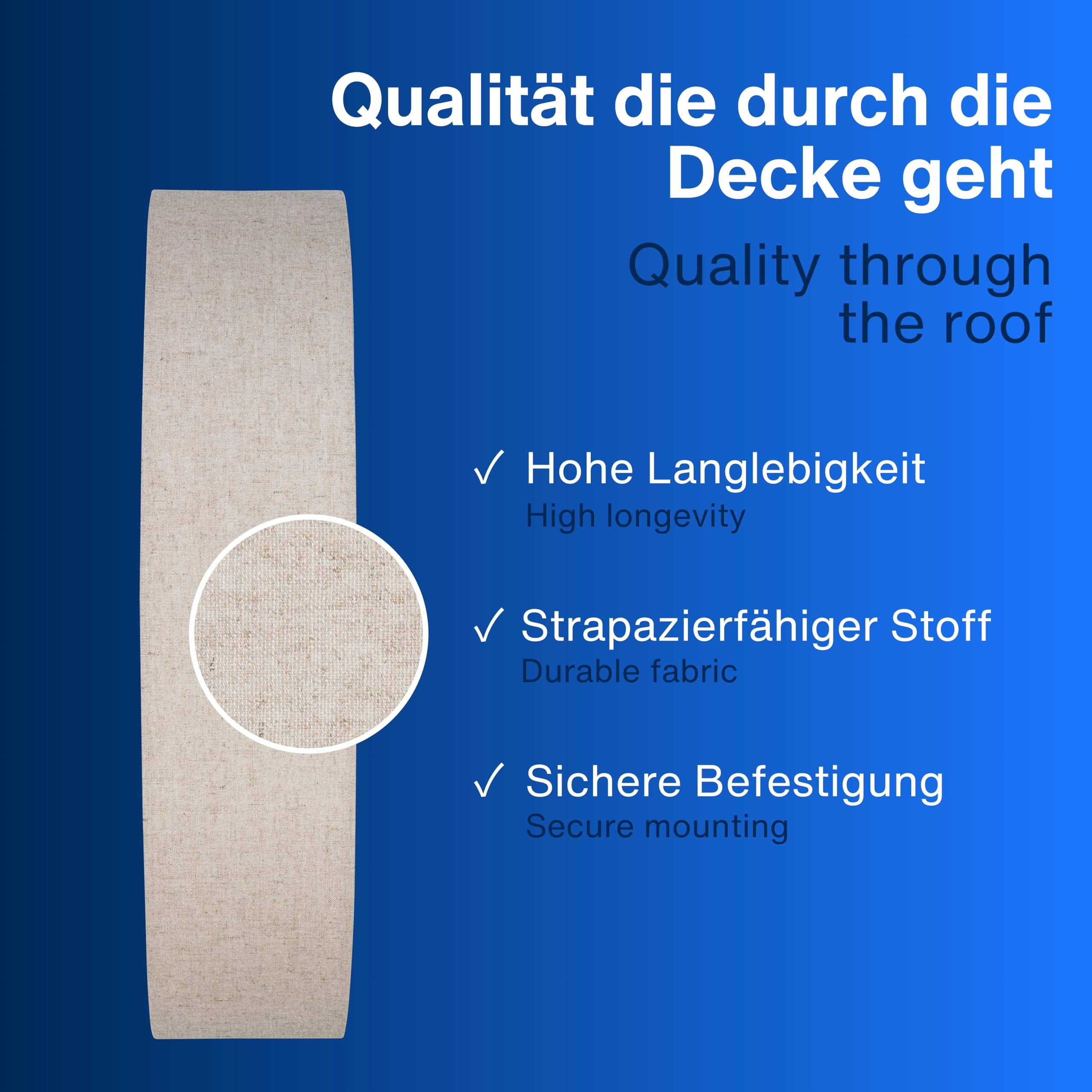 Grafica blu con striscia di tessuto beige e testo su alta durata, tessuto resistente e fissaggio sicuro.