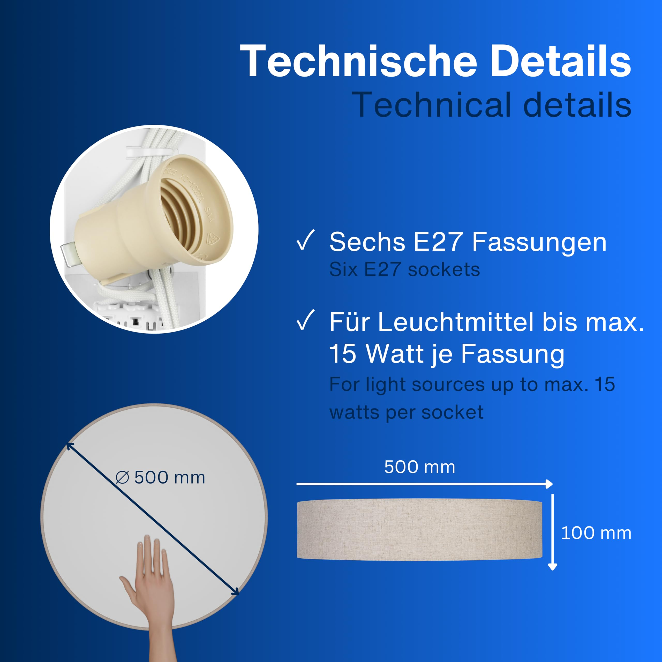 Dettagli tecnici di una lampada: sei attacchi E27, max. 15 watt, diametro 500 mm, altezza 100 mm.
