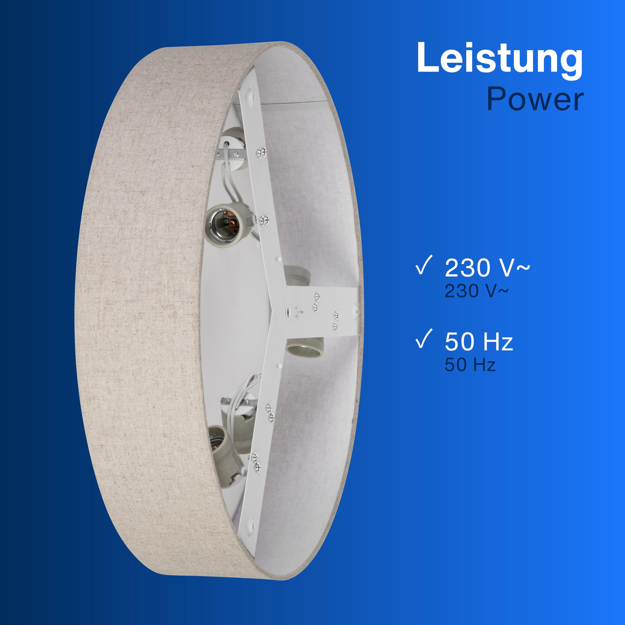 Paralume in tessuto beige con portalampada interno e struttura bianca su sfondo blu con testo in tedesco e inglese.