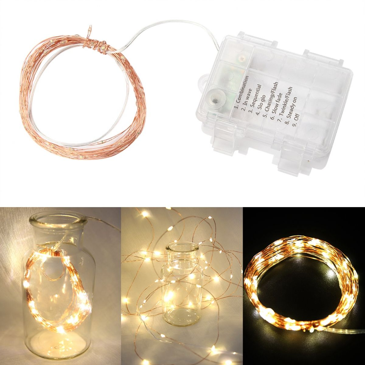 Kupferdraht-Lichterkette mit transparentem Batteriefach und Anwendungsbeispielen in Gläsern.