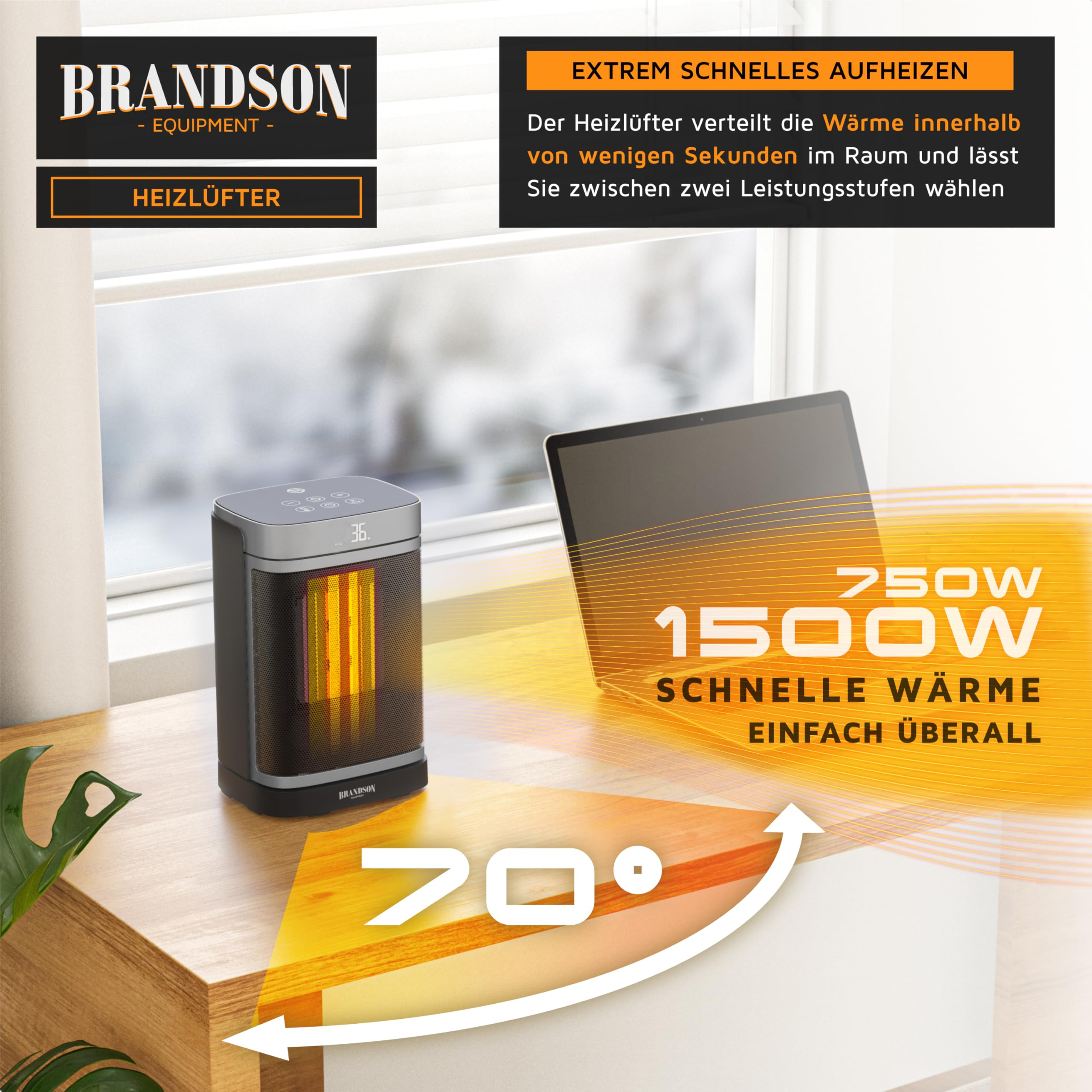Ein Brandson Heizlüfter steht auf einem Holztisch neben einem Laptop, mit Text und Grafiken im Hintergrund.