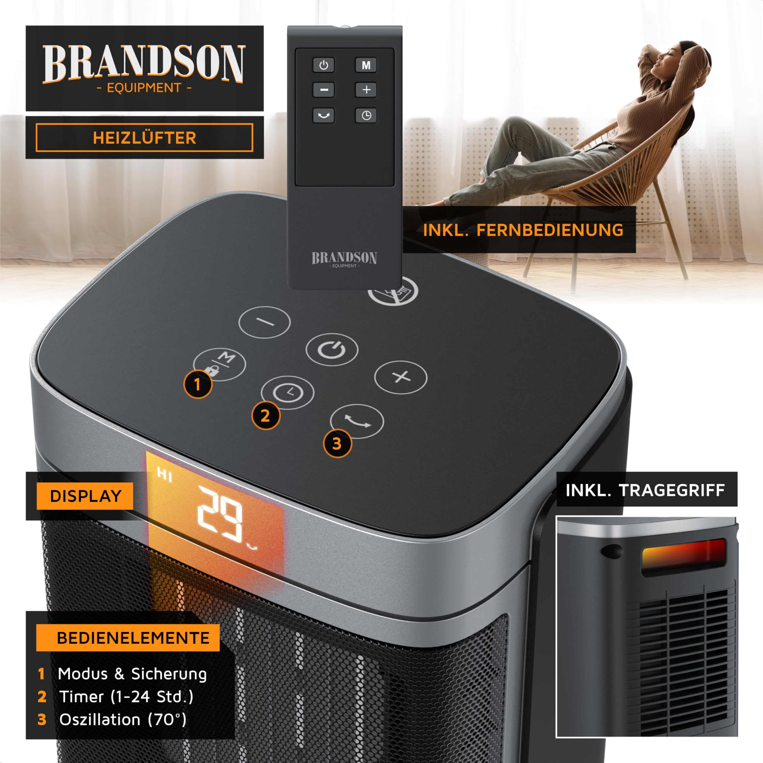Brandson Heizlüfter mit Touch-Display, Fernbedienung und Tragegriff. Detailansicht der Bedienelemente.