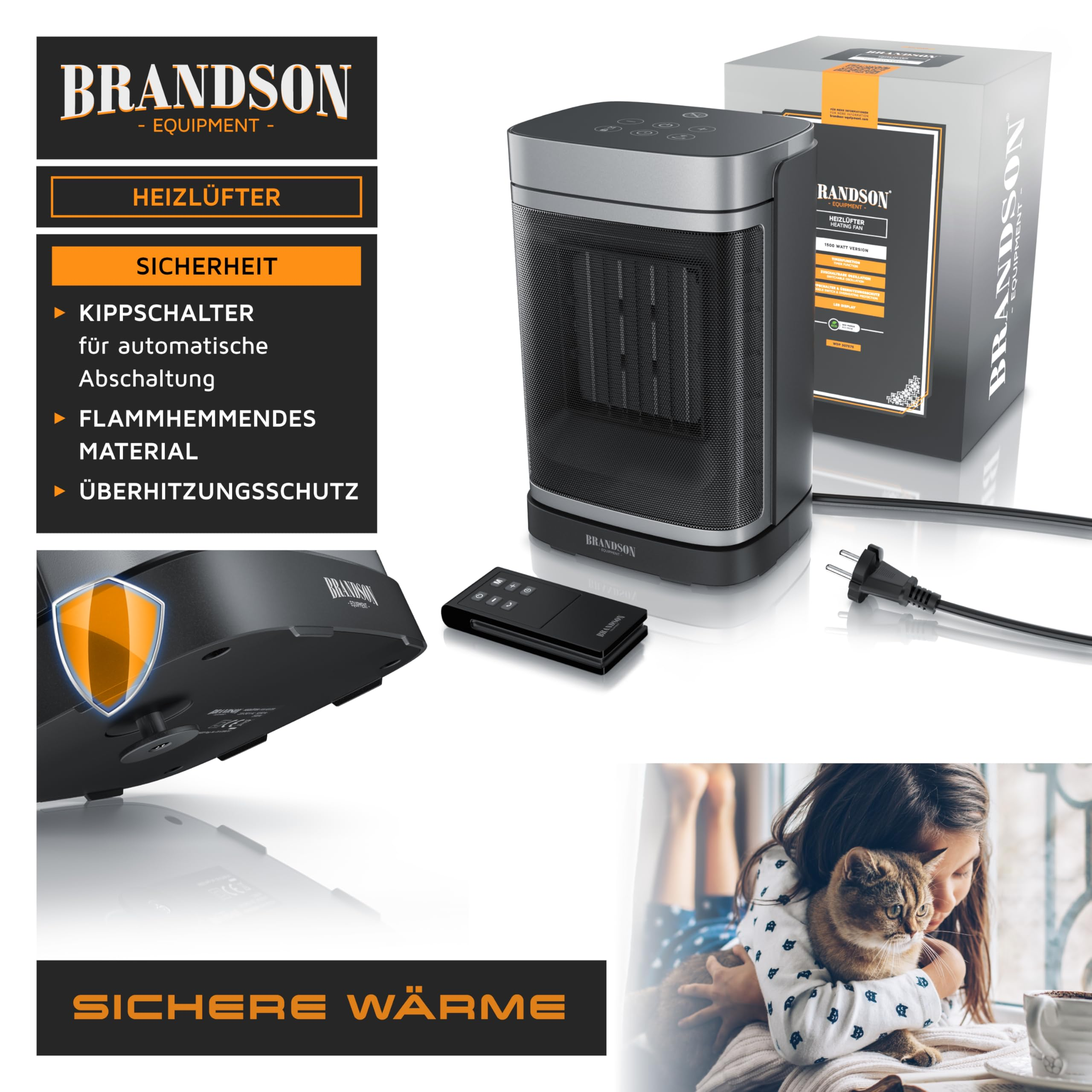 Heizlüfter mit Zubehör, Verpackung und Bild von Kind mit Katze, inklusive Sicherheitsfeatures.