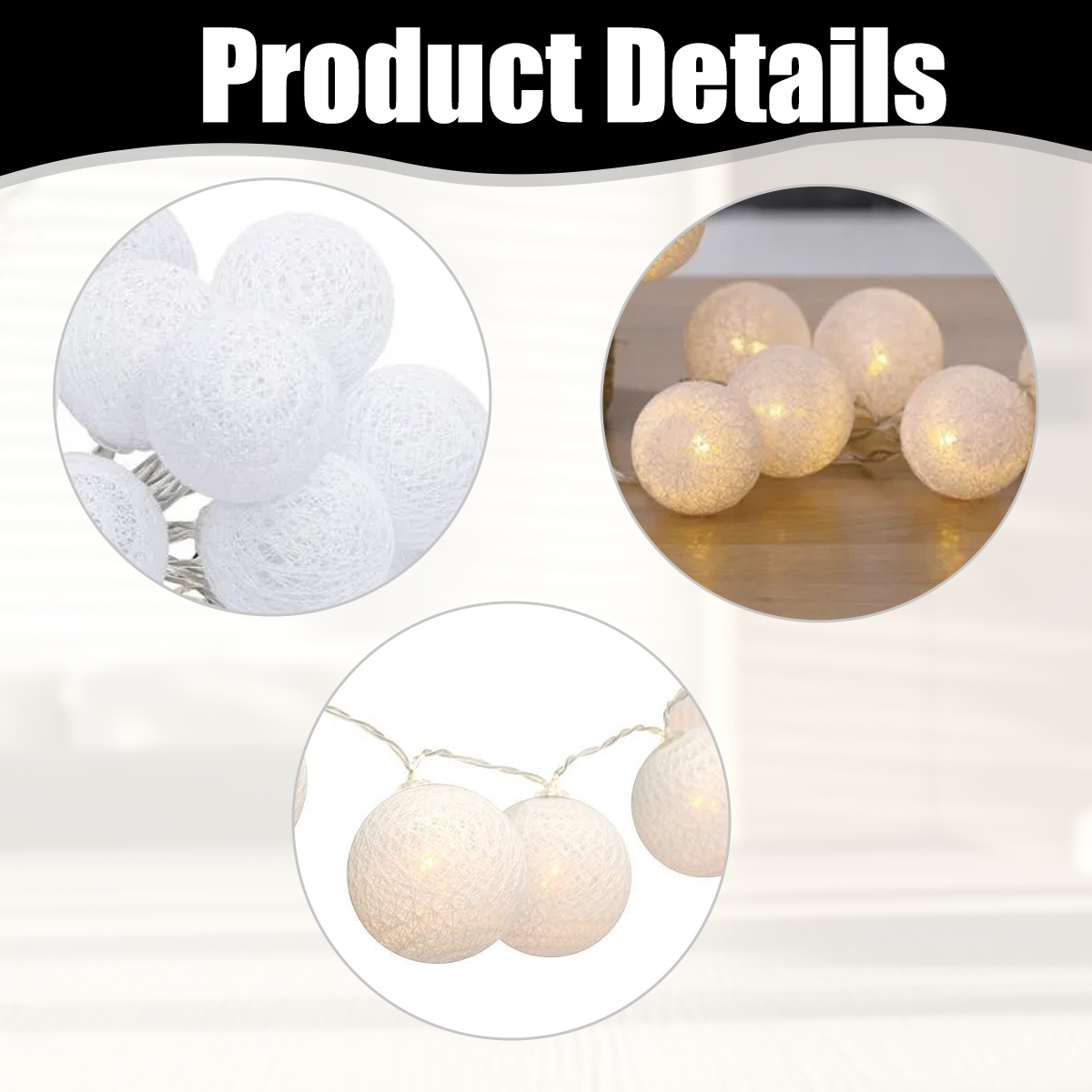Produktdetails zeigen weiße Baumwollkugeln und eine Lichterkette, die auf einem Holztisch warm leuchtet.