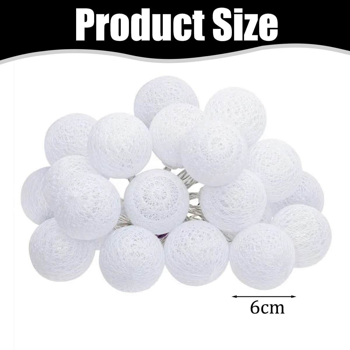 Eine Lichterkette aus weißen Baumwollkugeln mit einer 6 cm Größenangabe unten.