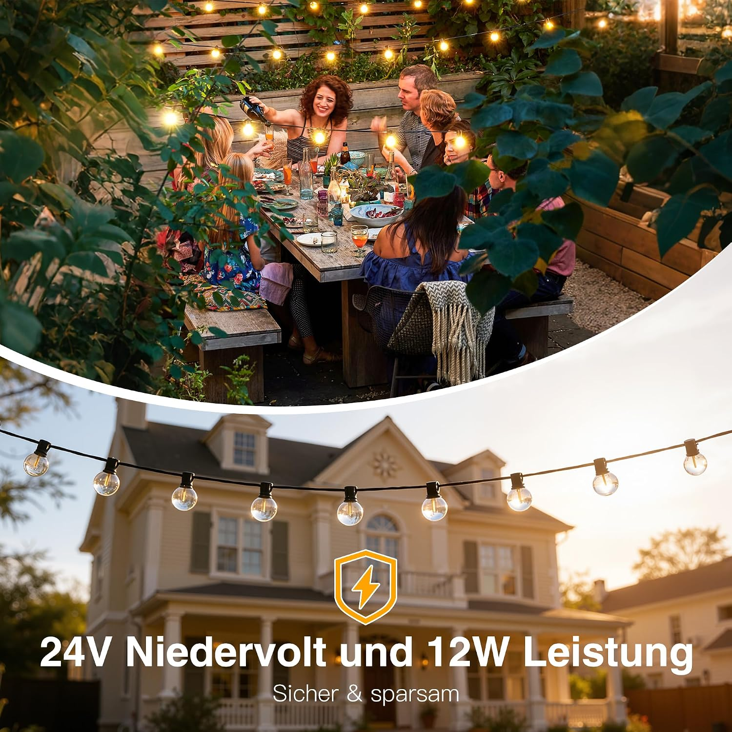 Leuchtende Lichterkette über einem abendlichen Gartentisch mit Menschen und vor einem Haus.
