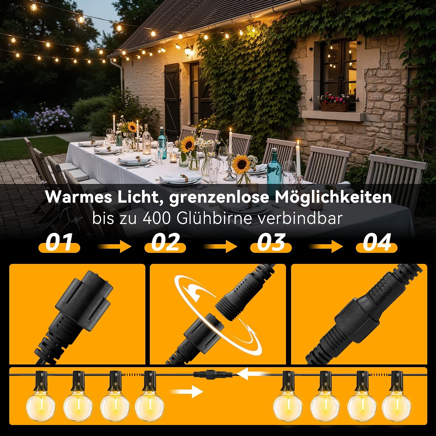 Ein von Lichterketten beleuchteter Gartentisch mit einer Schritt-für-Schritt-Anleitung unten.