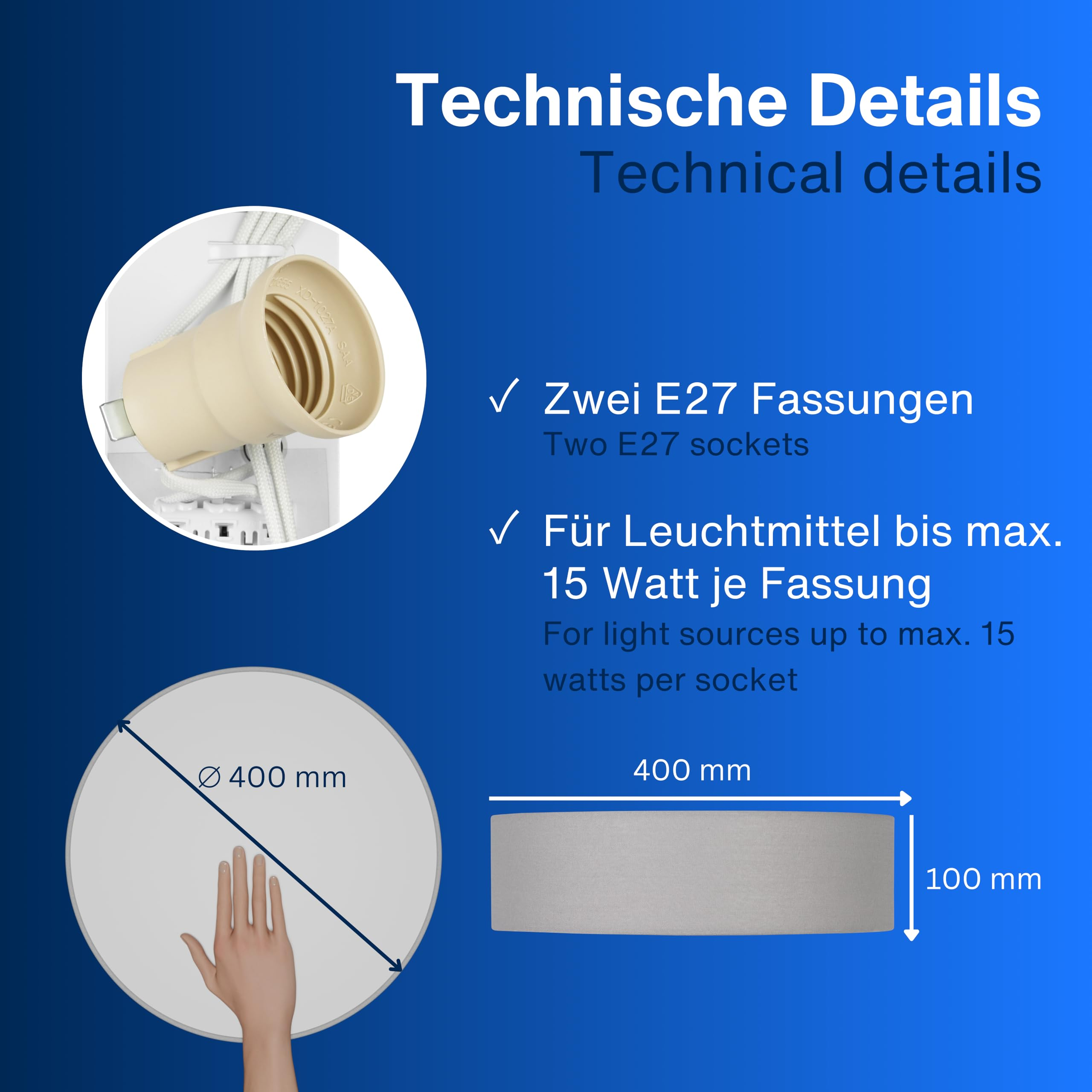 Dettagli tecnici di una lampada: due attacchi E27, max 15 watt, diametro 400 mm e altezza 100 mm.