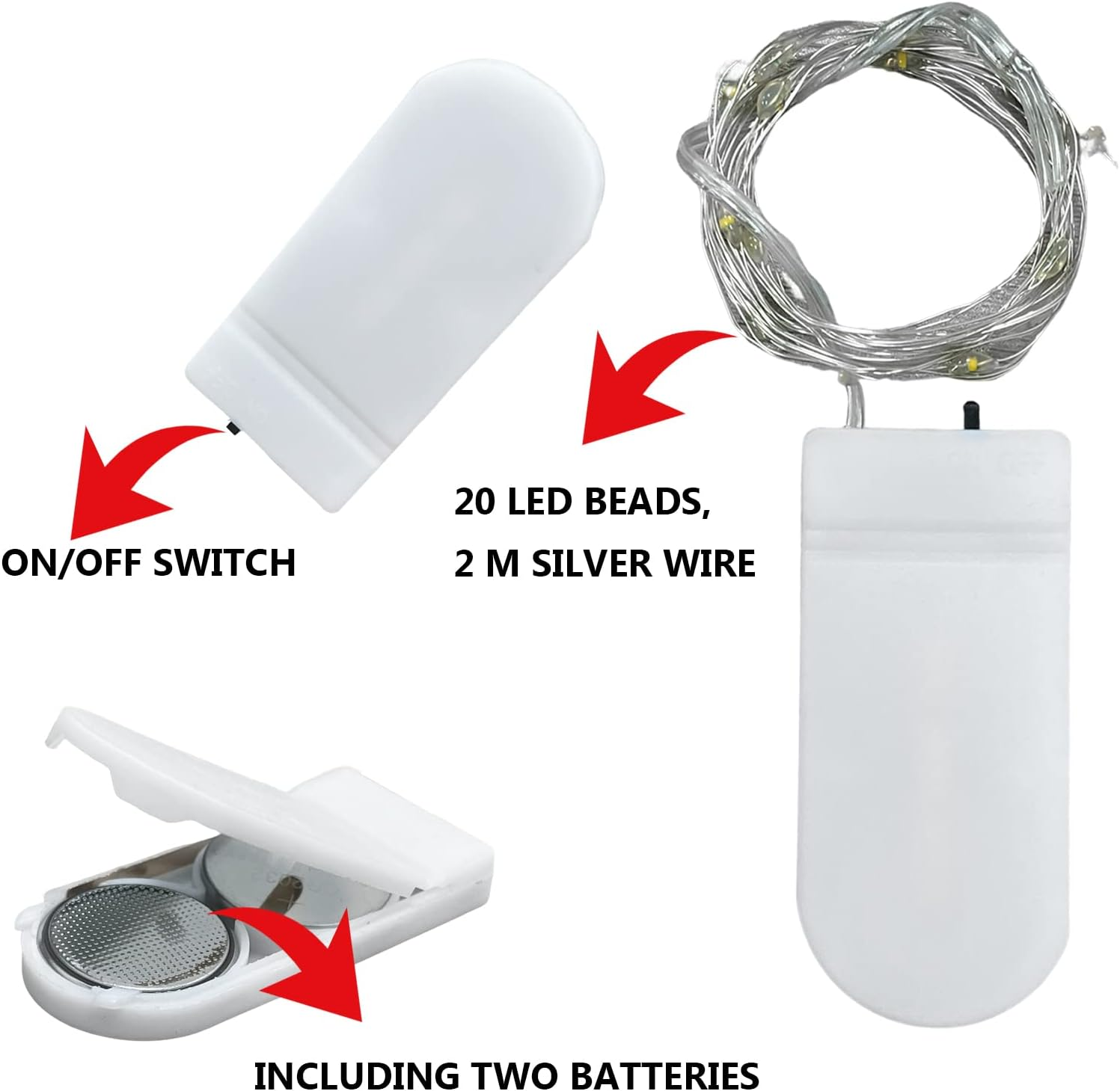 Lichterkette mit 20 LEDs, Silbergeld, integriertem Ein/Aus-Schalter und zwei Batterien.