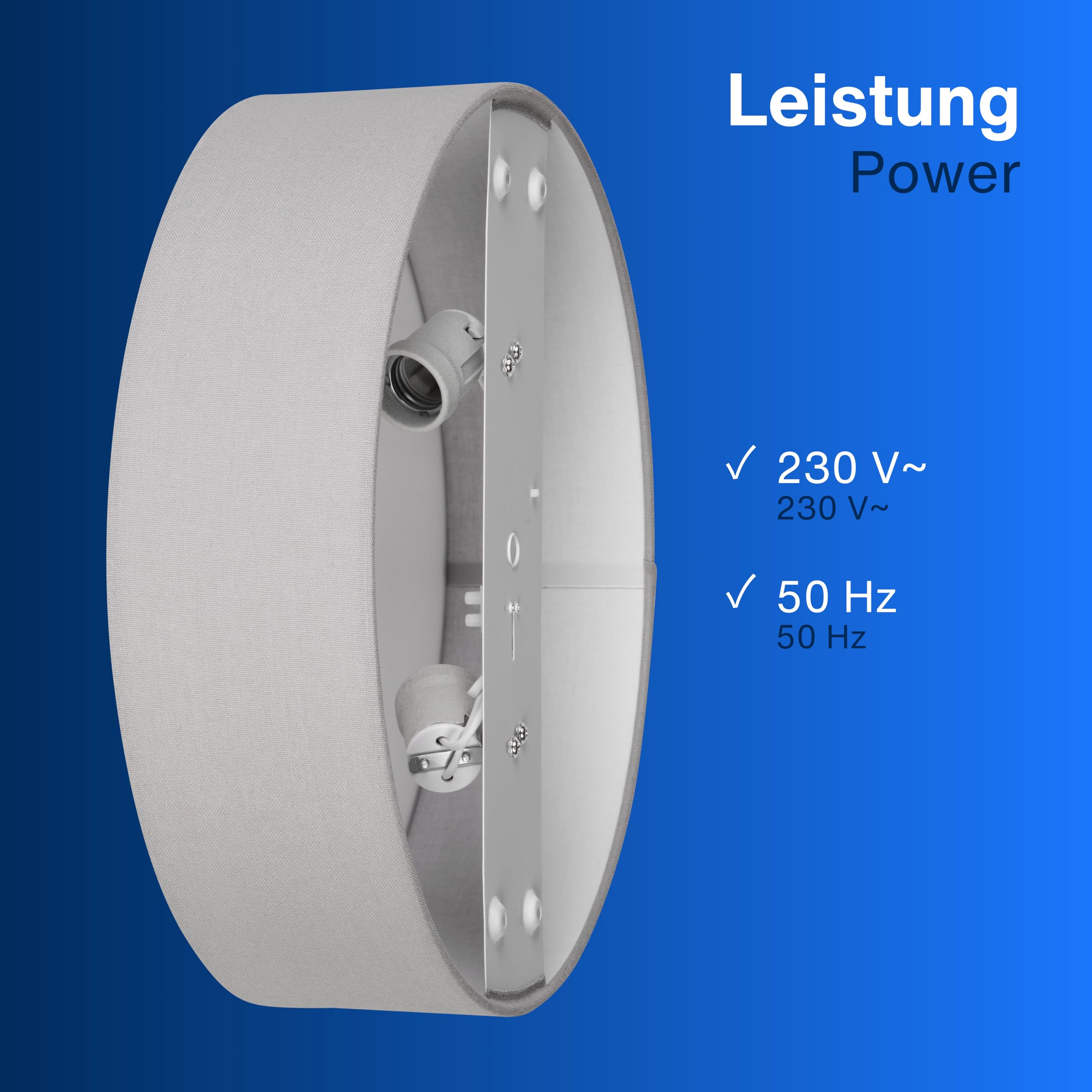 Lampada da soffitto cilindrica grigia su sfondo blu con specifiche di potenza 230V e 50Hz.