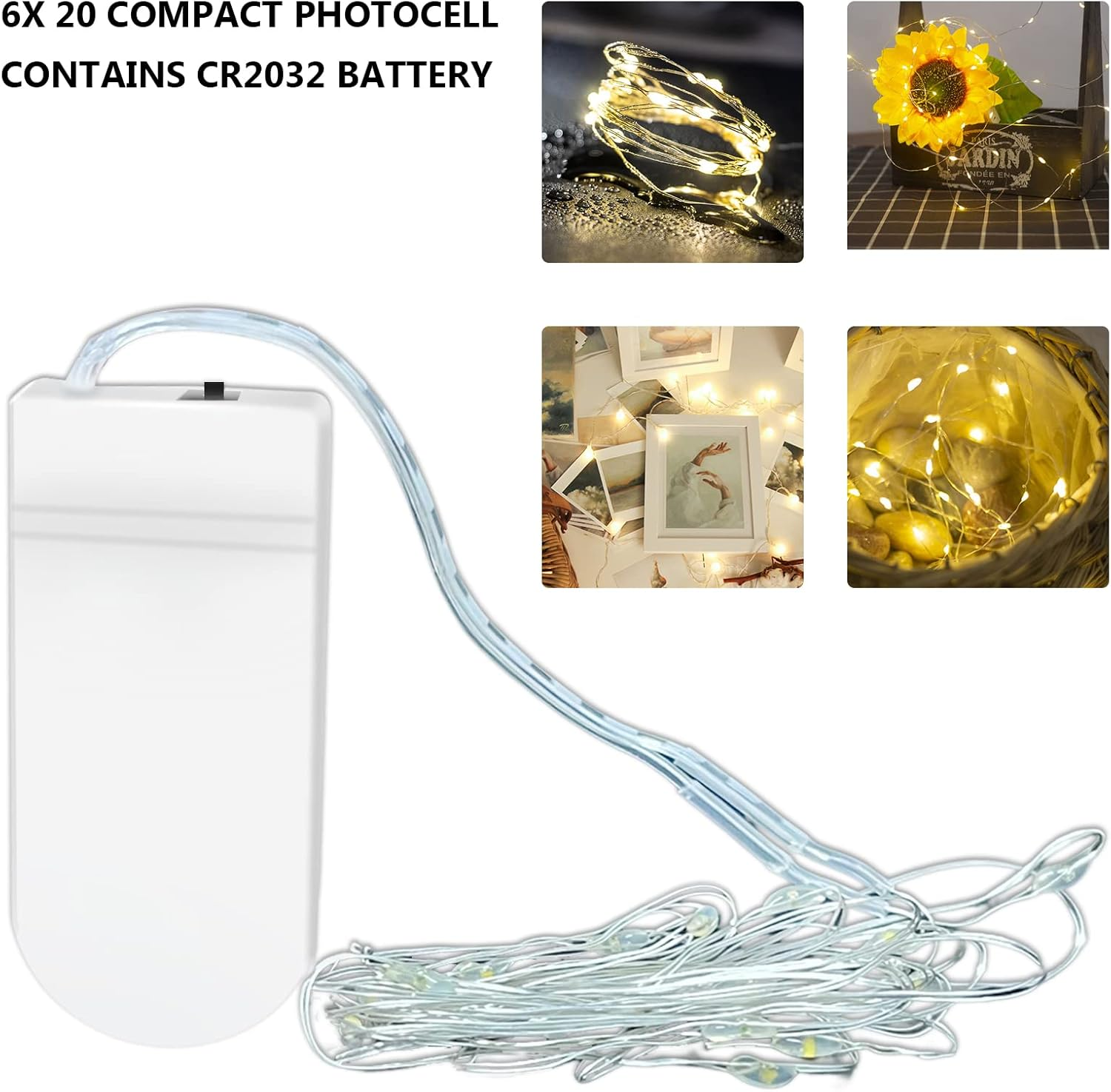 Kompakte Fotobatteriezellen-Lichterkette mit CR2032, verbunden mit einem kleinen weißen Batteriegehäuse.