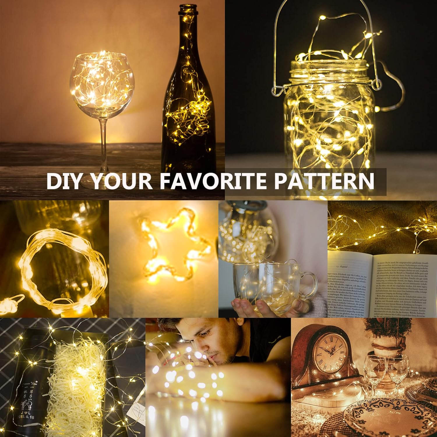 Eine Collage zeigt verschiedene DIY-Projekte mit warm leuchtenden Lichterketten in Glasbehältern und Flaschen.