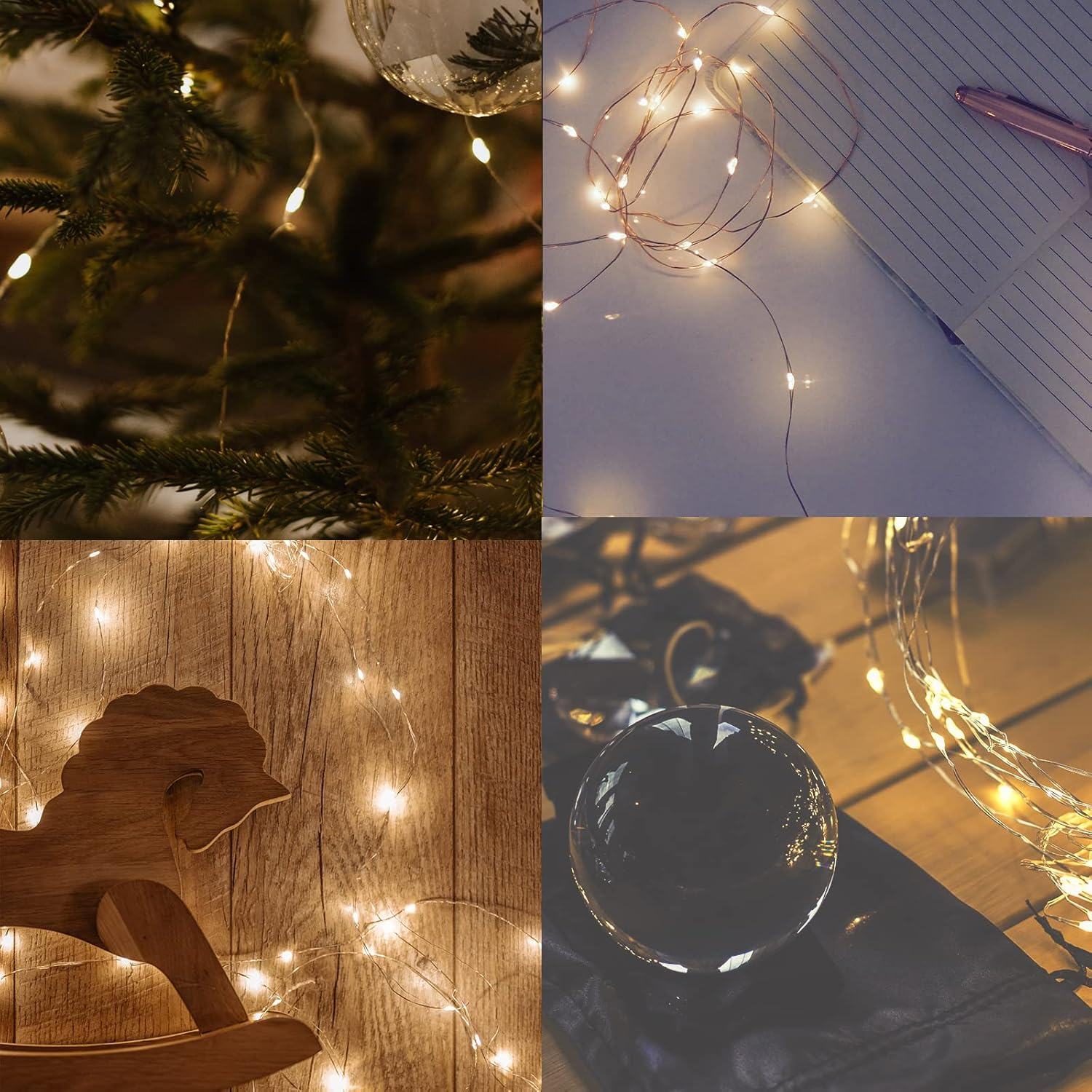Vier Bilder zeigen eine Weihnachtsbaum, Lichterketten, ein Notizbuch und eine Kristallkugel.
