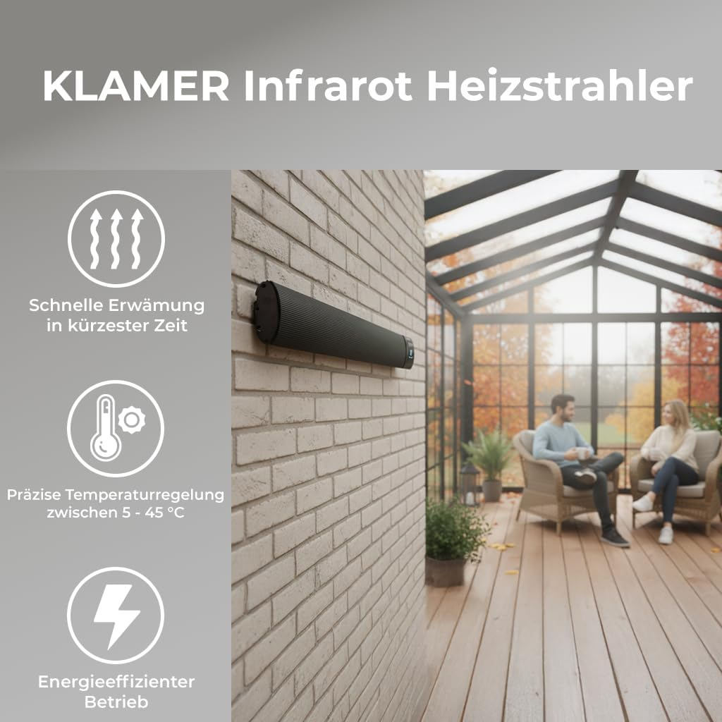 Klamer Infrarot-Heizstrahler an einer Ziegelwand mit Symbolen für schnelle Erwärmung, präzise Regelung und Effizienz.