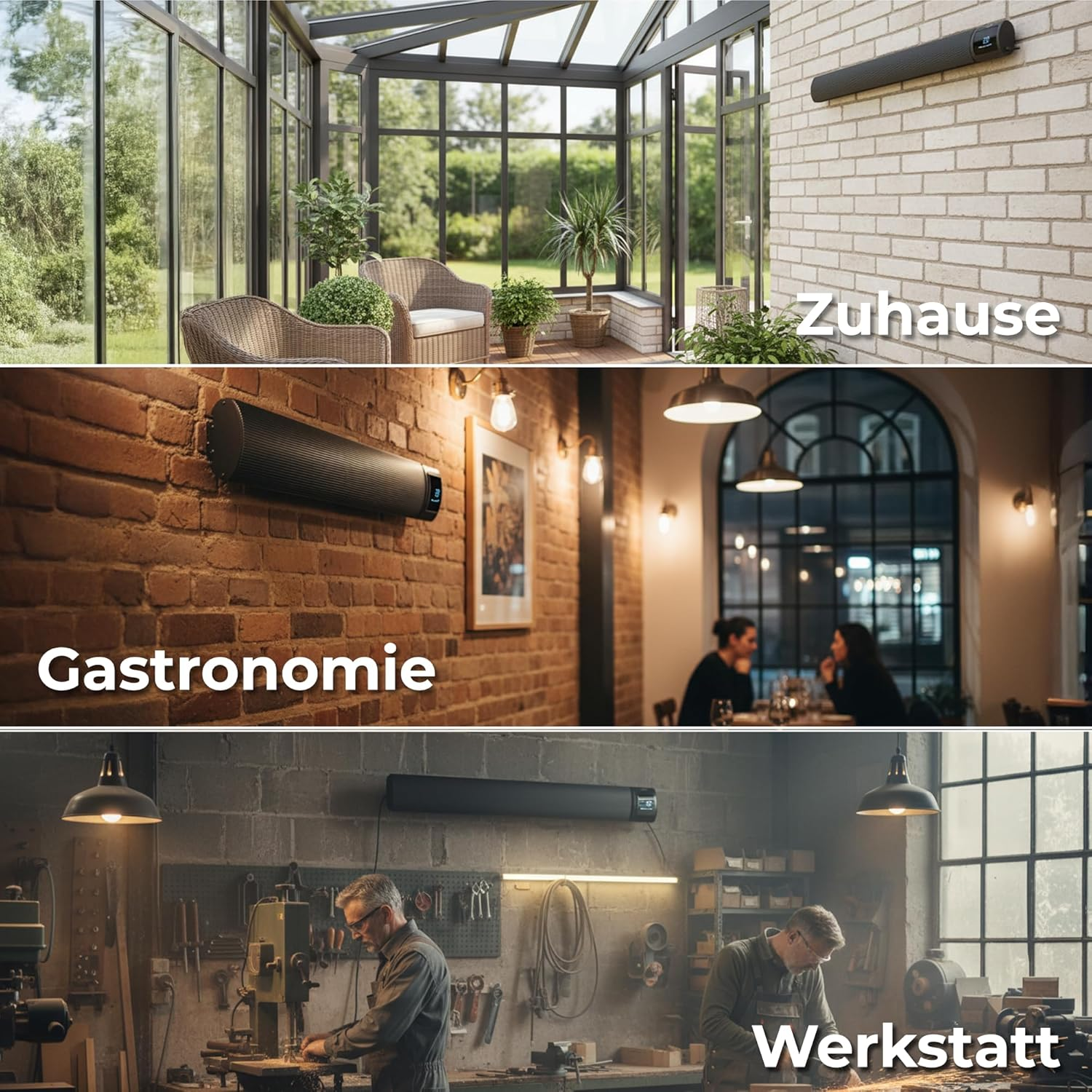 Drei Paneele mit schwarzen Heizstrahlern in einem Wintergarten, einem Restaurant und einer Werkstatt.
