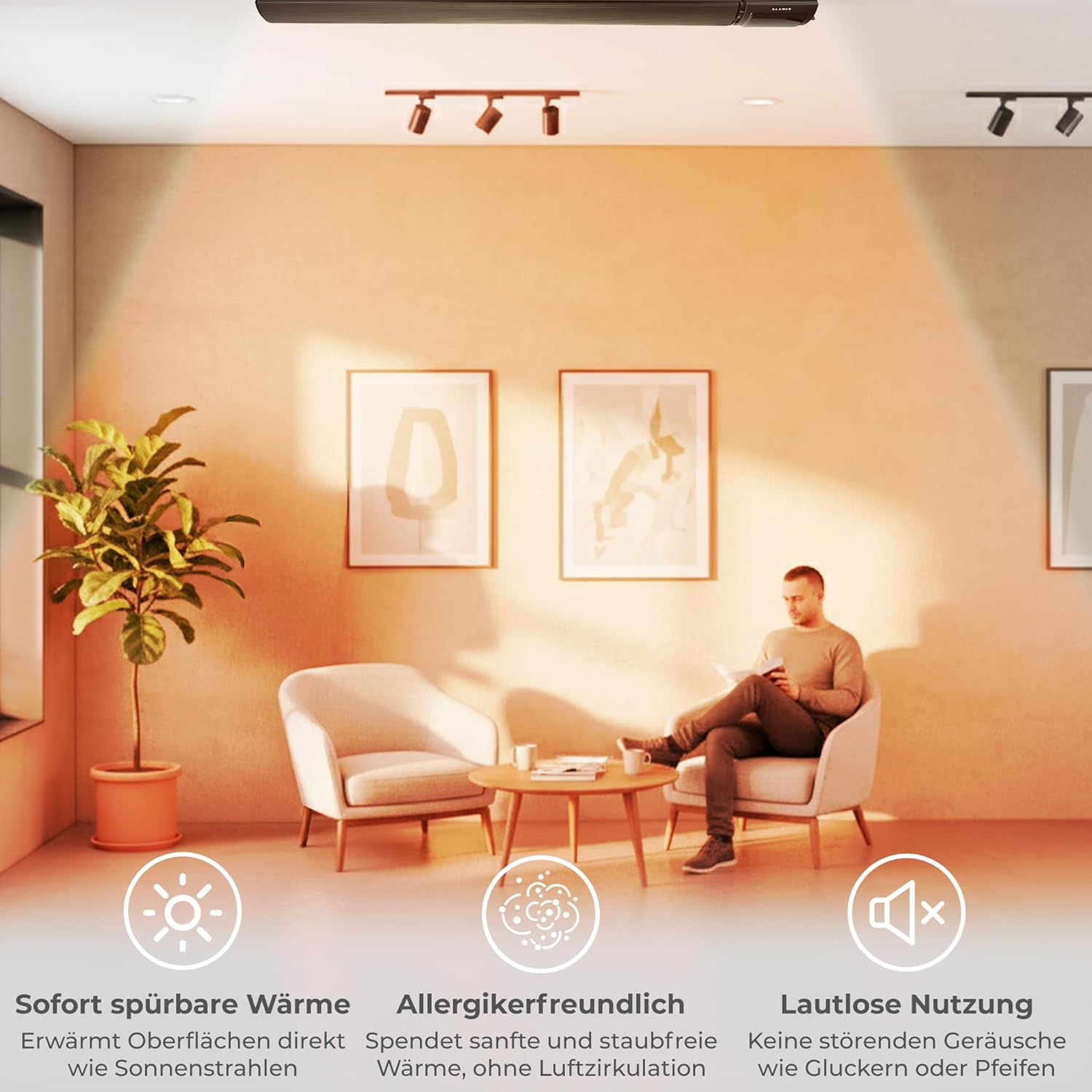 Ein Mann sitzt in einem warm beleuchteten Raum auf einem Sessel und liest ein Buch, neben ihm eine Topfpflanze.