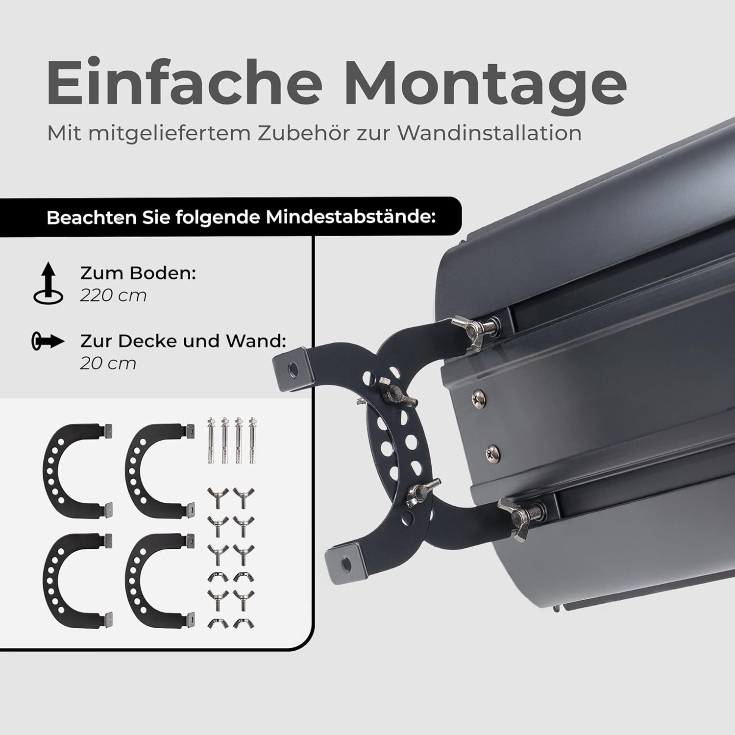 Anleitung zur einfachen Montage mit mitgeliefertem Zubehör für Wandinstallation und Mindestabständen.