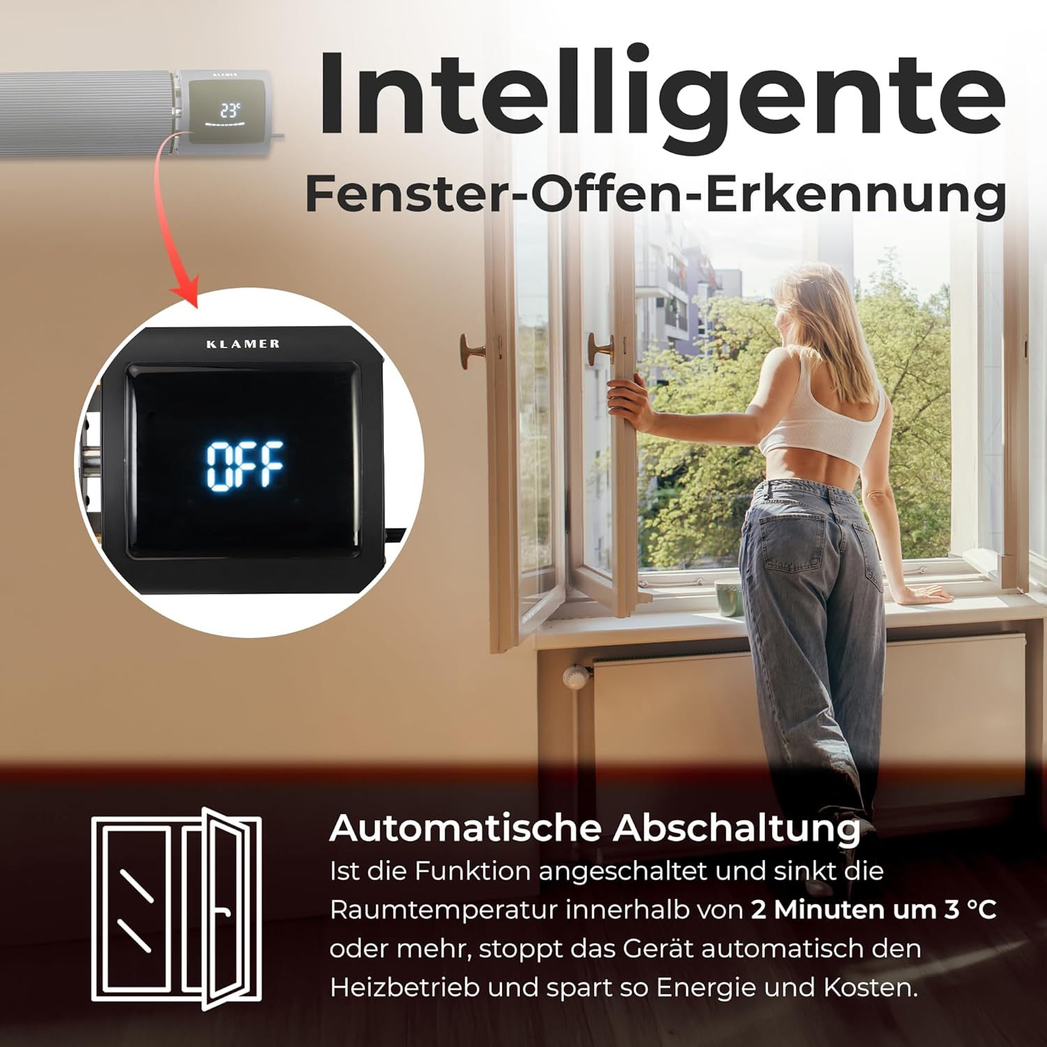 Eine Frau steht am offenen Fenster, ein Inset zeigt eine digitale Heizungssteuerung mit der Anzeige OFF.