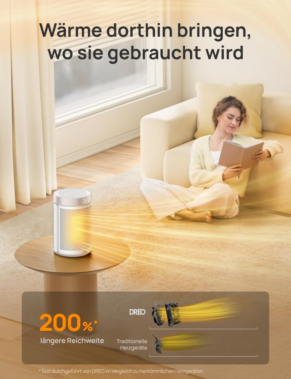 Une femme lit sur le sol à côté d'un radiateur soufflant électrique émettant de l'air chaud.