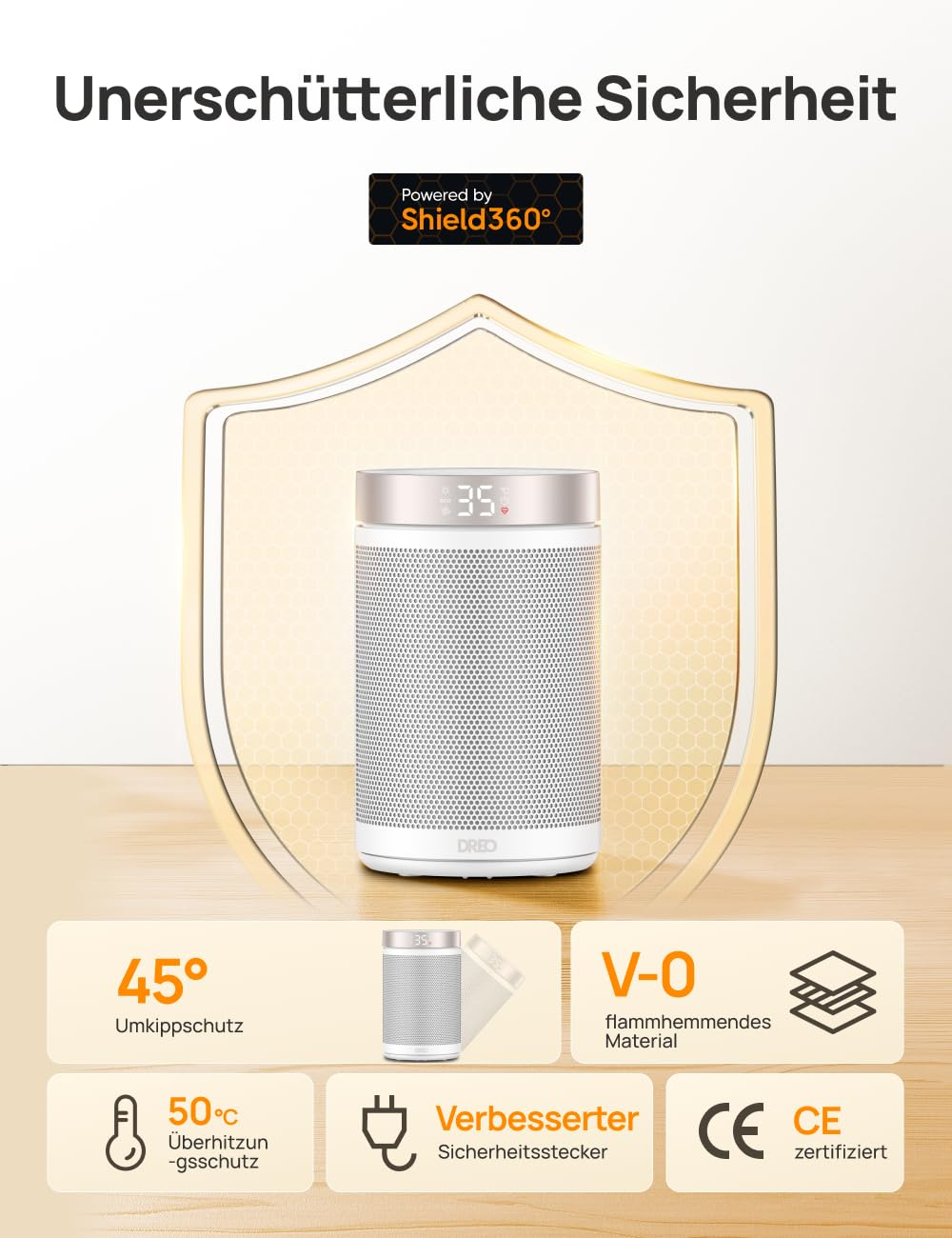 Chauffage d'appoint cylindrique blanc devant un bouclier doré avec des fonctions de sécurité.
