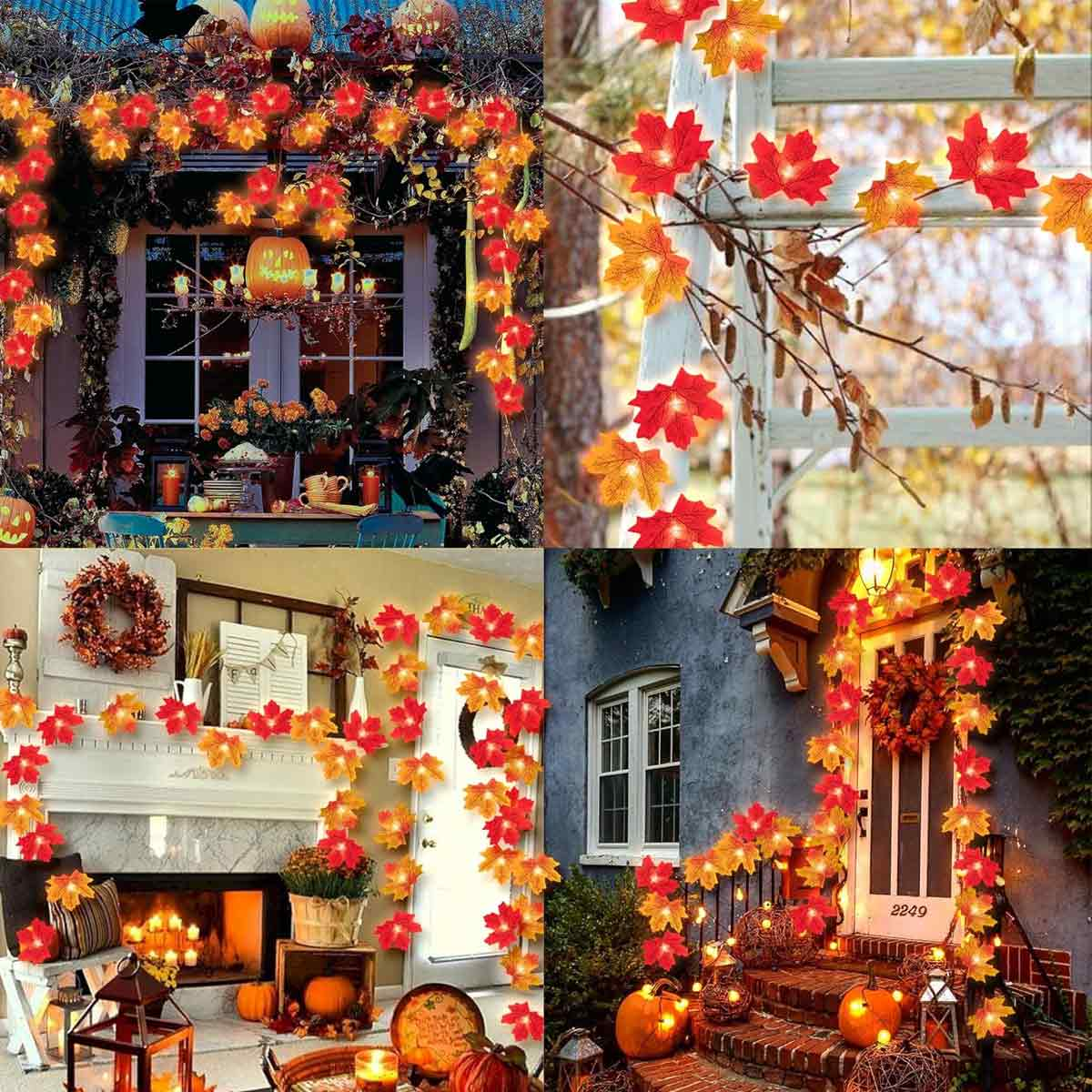 Eine Collage mit Herbstdekorationen, einschließlich leuchtender Ahornblatt-Lichterketten, Kürbissen und einem Kamin.