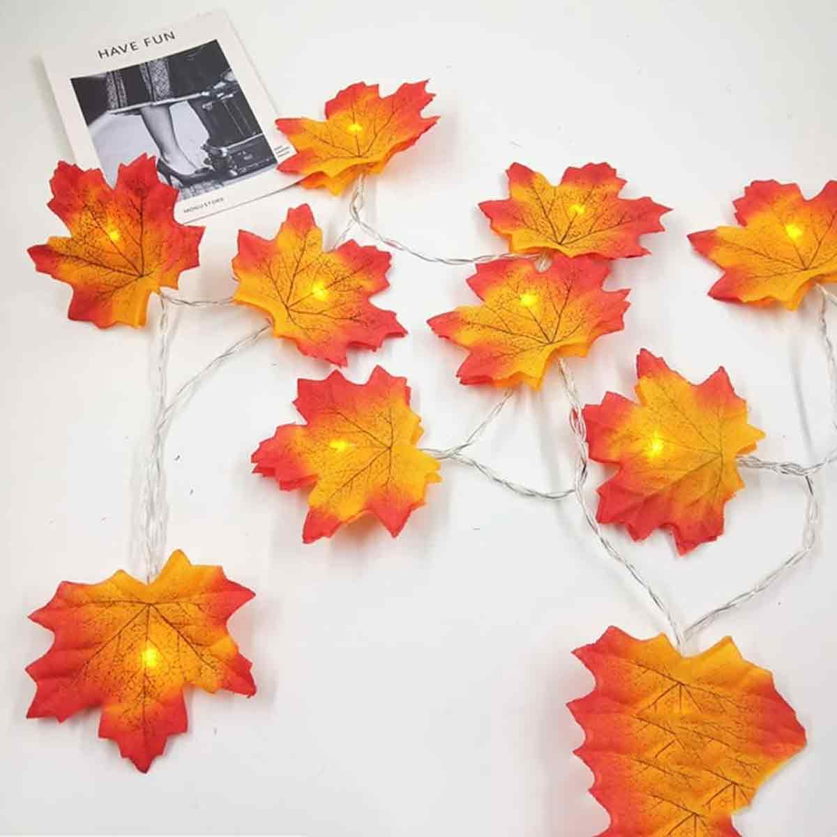 Eine Lichterkette mit leuchtenden herbstlichen Ahornblättern und eine kleine Karte mit der Aufschrift HAVE FUN.