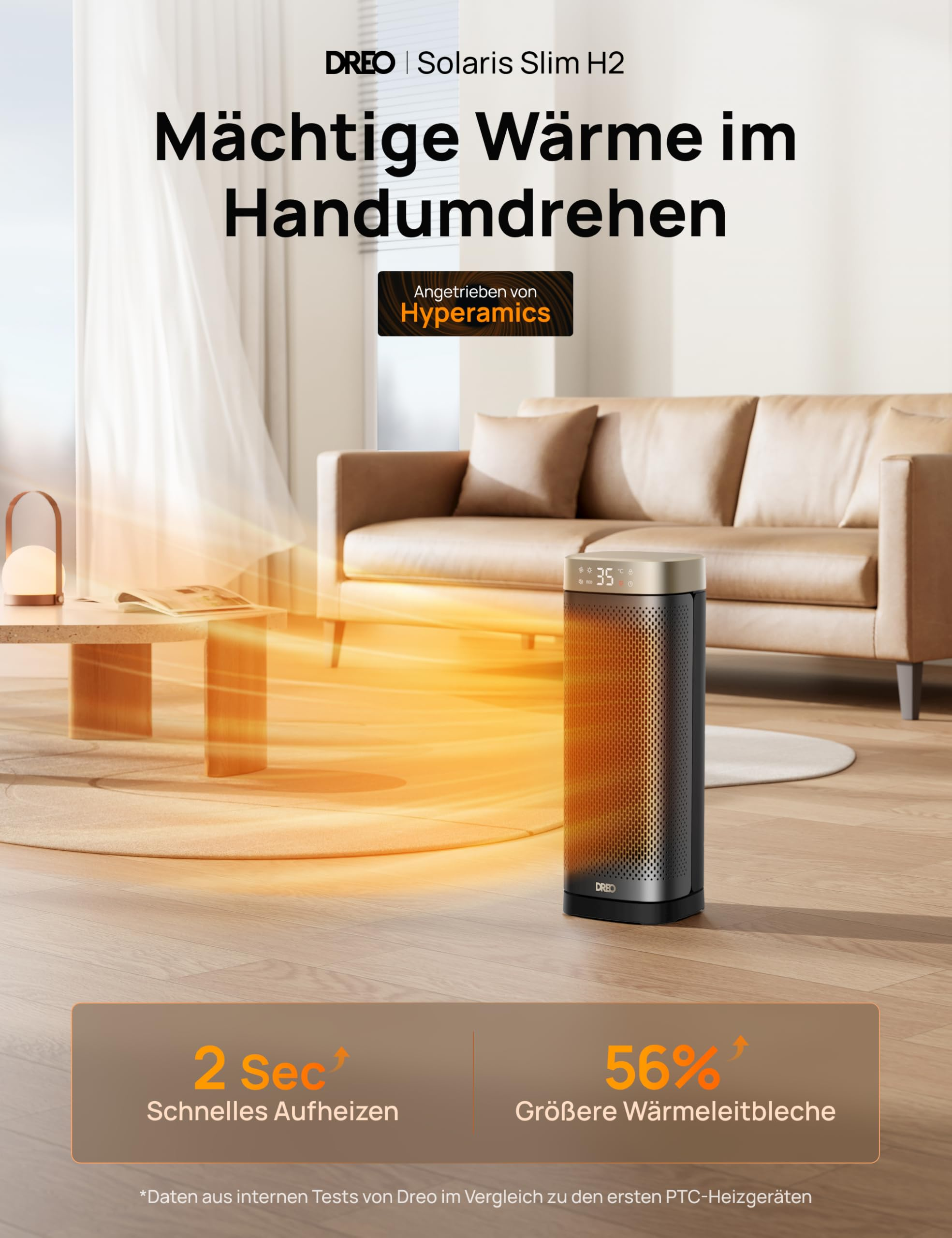 Dreo Solaris Slim H2 Heizlüfter im Wohnzimmer mit oranger Hitzevisualisierung.