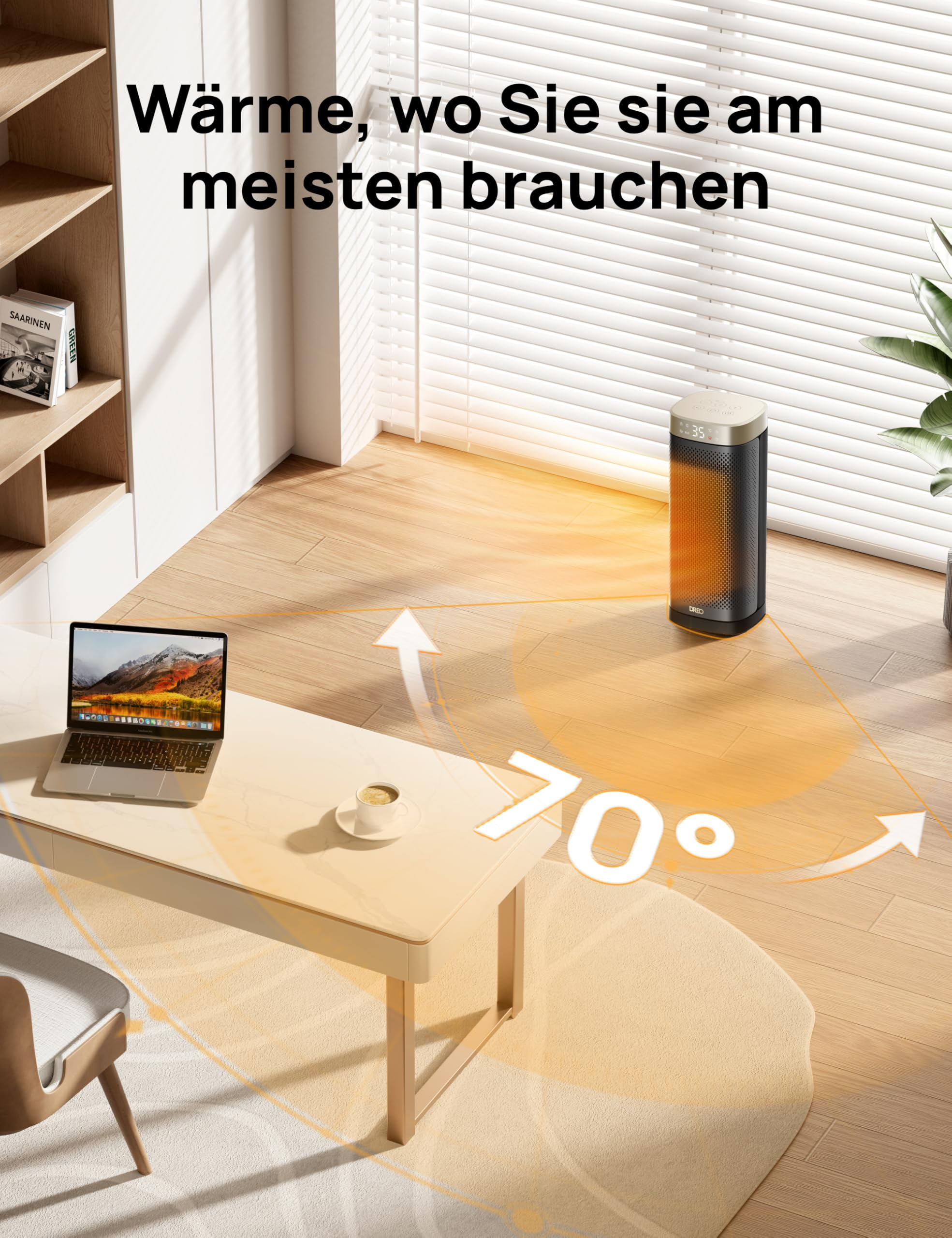 Ein raumwärmendes Turmheizelement mit 70 Grad Schwenkbereich in einem modernen Zimmer mit Schreibtisch und Laptop.