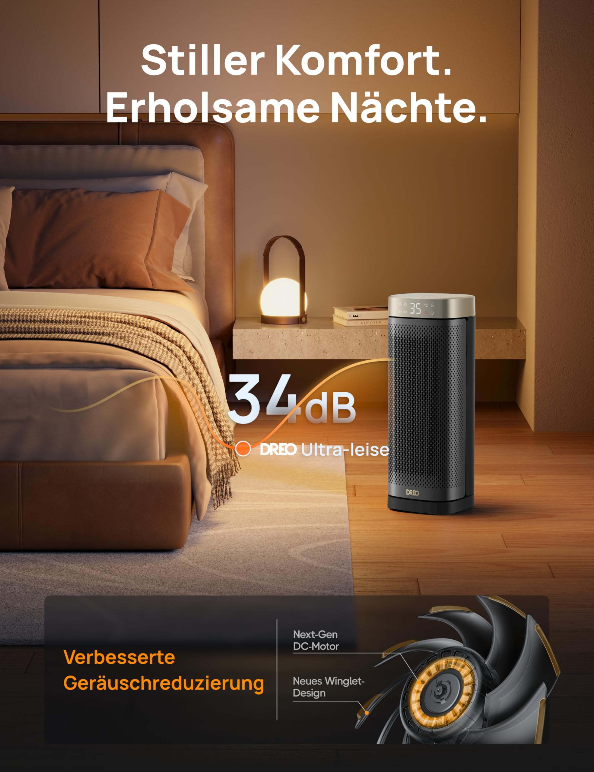 Ein leiser Heizlüfter im modernen Schlafzimmer neben dem Bett.
