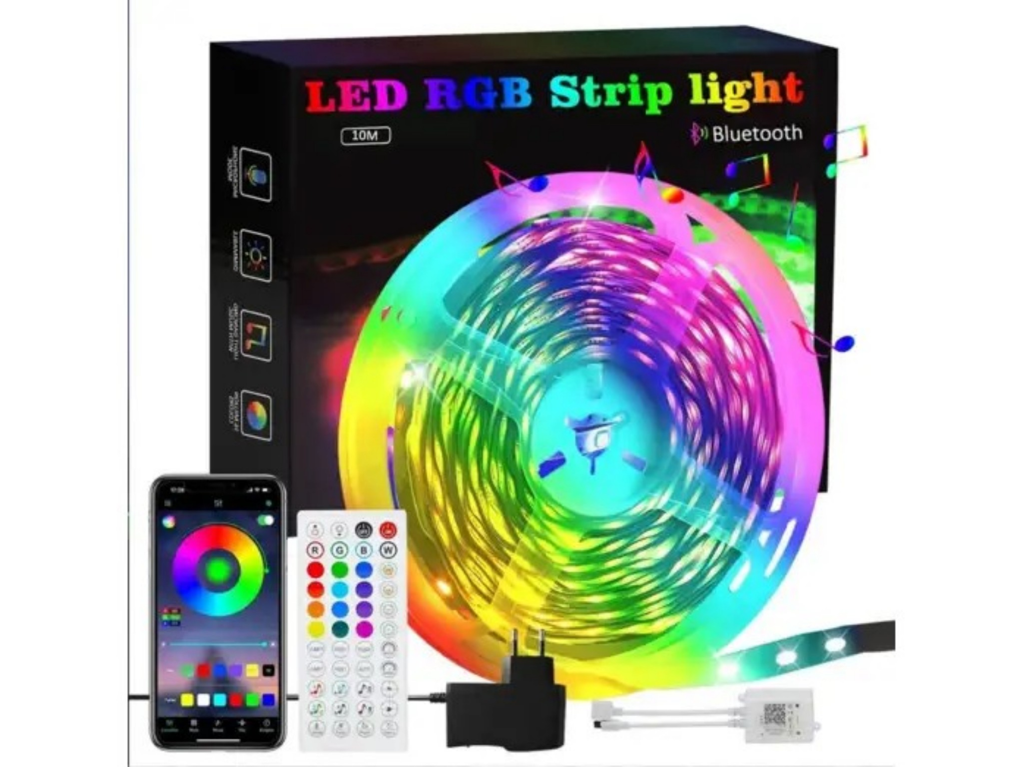 LED-RGB-Streifen mit Verpackung, Fernbedienung, Netzteil und App auf Smartphone.