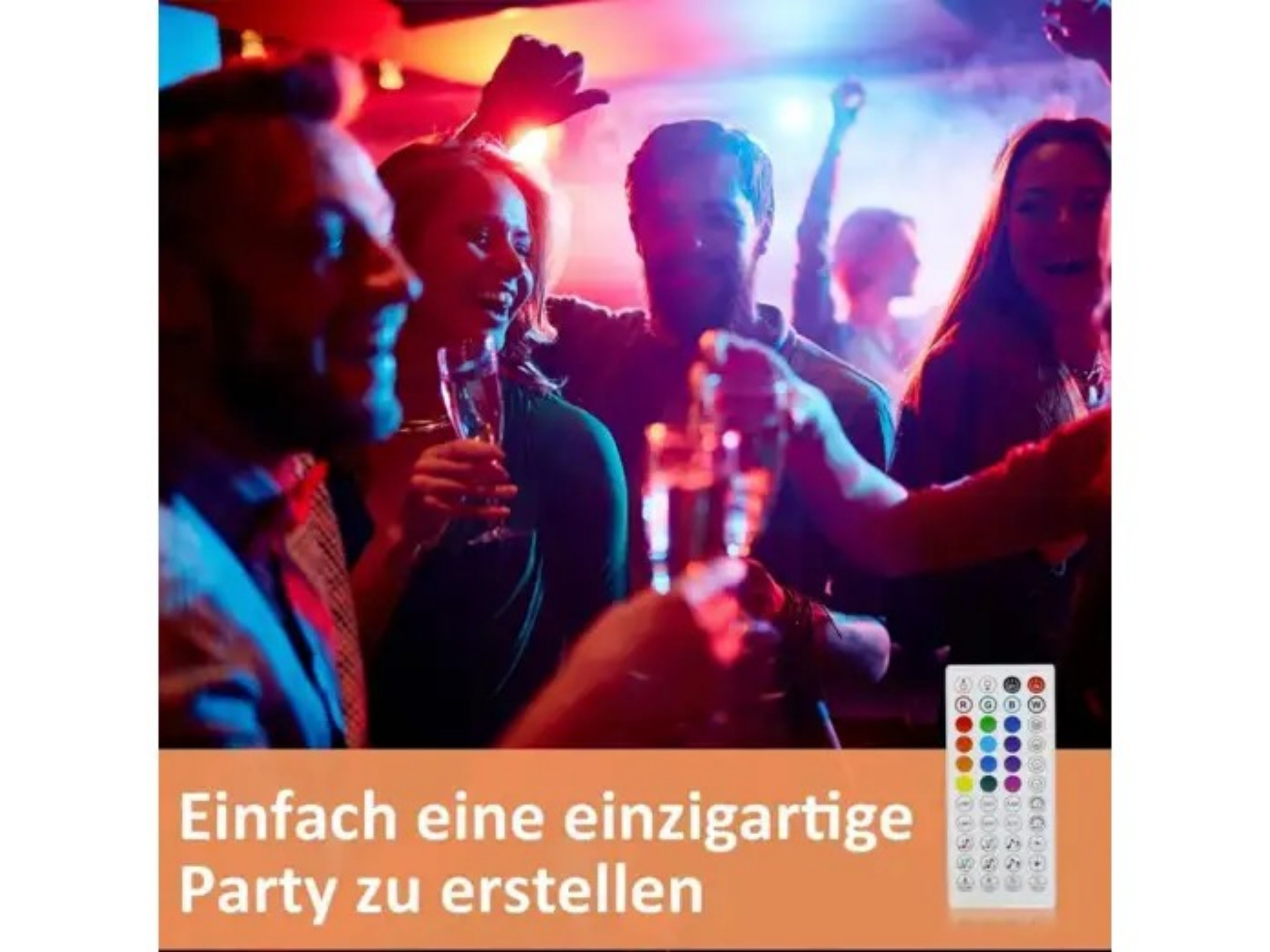 Freunde feiern in einem Club mit bunten Lichtern und Gläsern, unten ist eine Fernbedienung und deutscher Text.