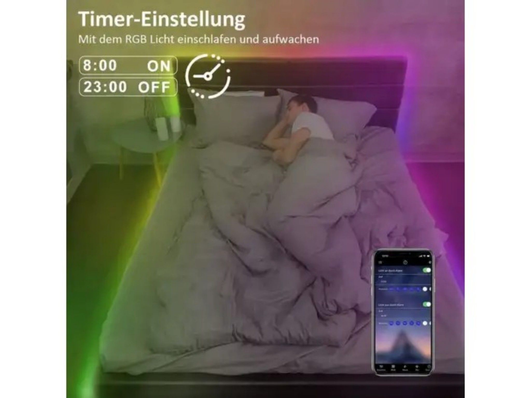 Eine Person schläft in einem Bett, umgeben von bunten LED-Lichtstreifen und Smartphone-Timer-Steuerung.