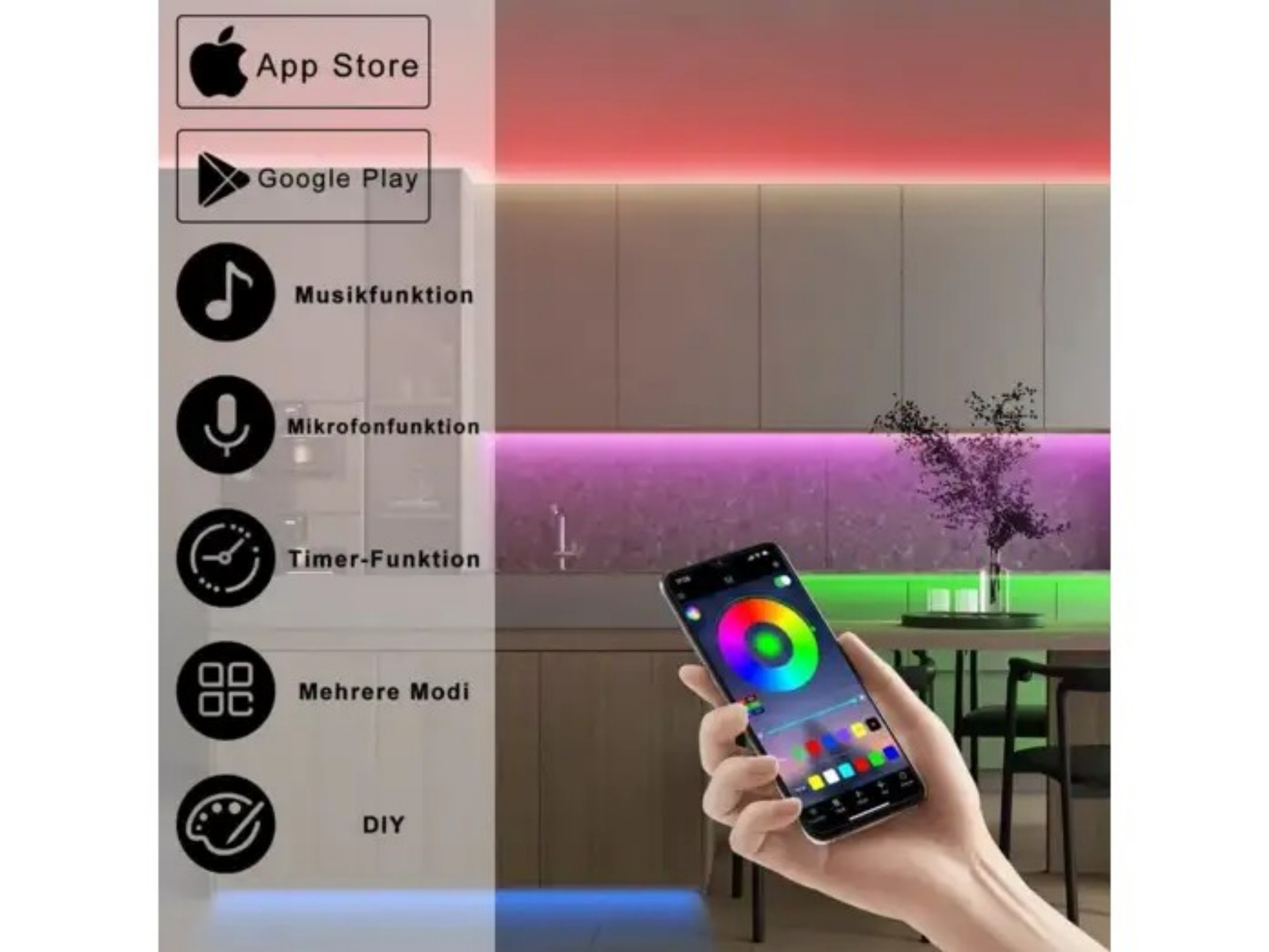 Smartphone steuert farbige LED-Streifen in einer modernen Küche mit App- und Musikfunktionen.