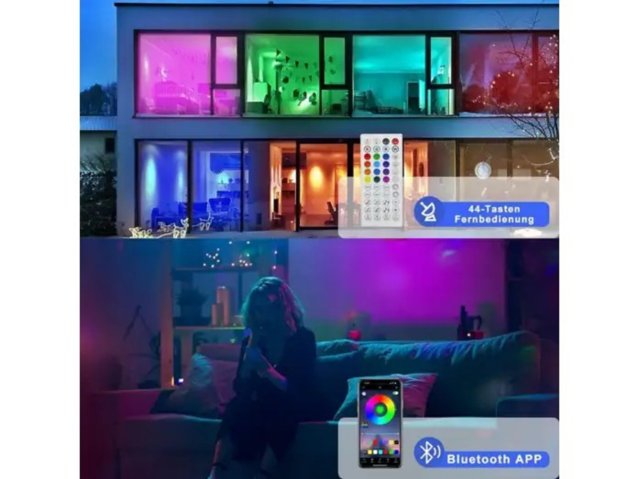 Haus mit buntem LED-Licht, Fernbedienung und Smartphone-App.