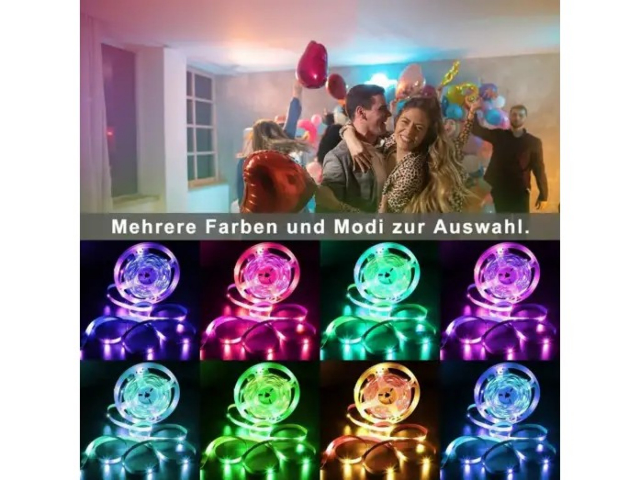 Leute feiern auf einer Party und darunter acht farbige LED-Lichtstreifen.