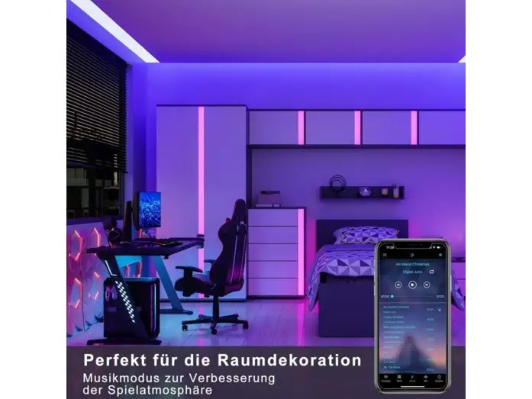 Gaming-Zimmer mit violetter LED-Beleuchtung, Schreibtisch, Stuhl, Bett und Smartphone mit Musik-App im Vordergrund.