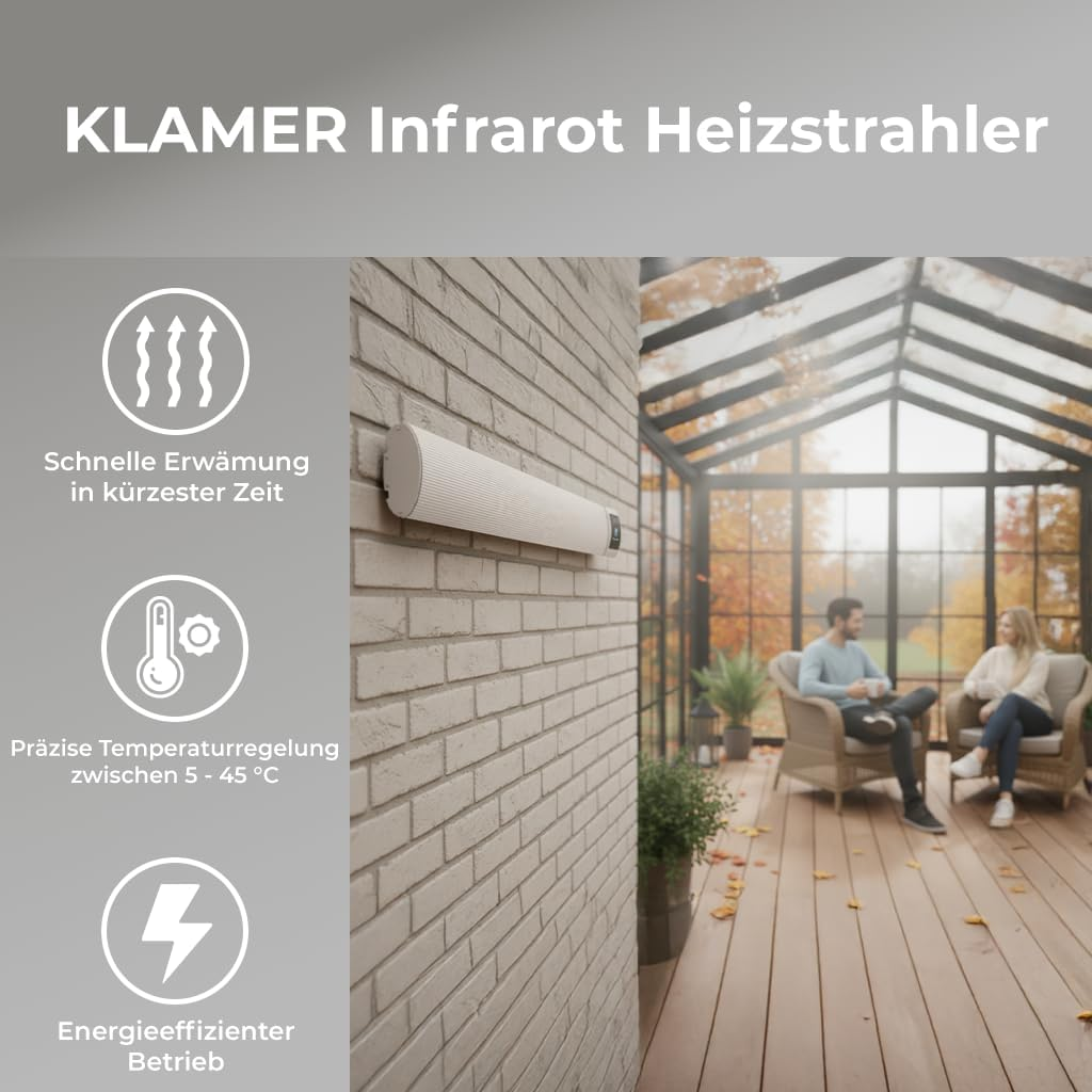 Klamer Infrarot Heizstrahler an einer Ziegelwand in einem Wintergarten mit sitzendem Paar.