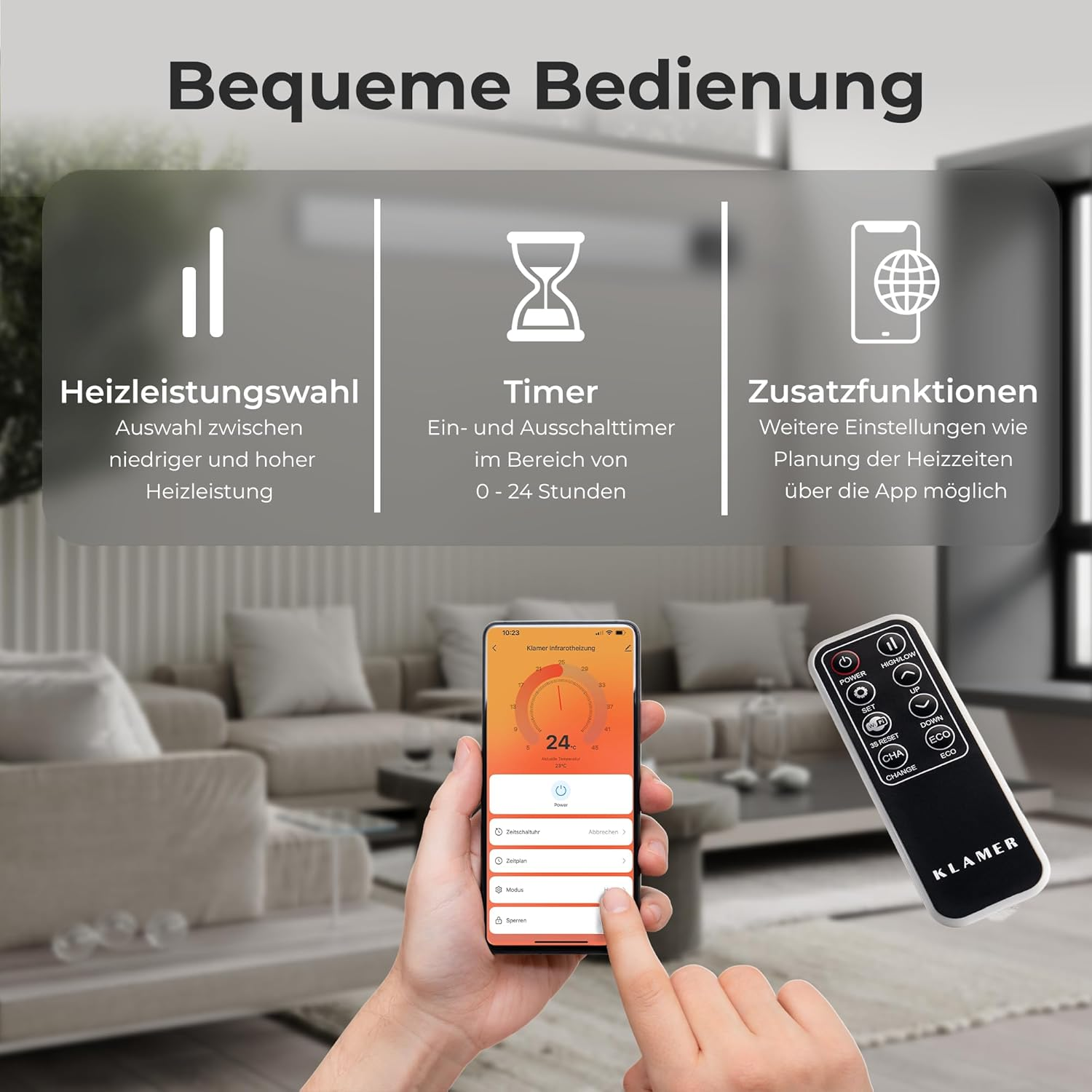 Heizungsbedienung per Smartphone-App oder Fernbedienung mit Anzeige von Leistung, Timer und Zusatzfunktionen.