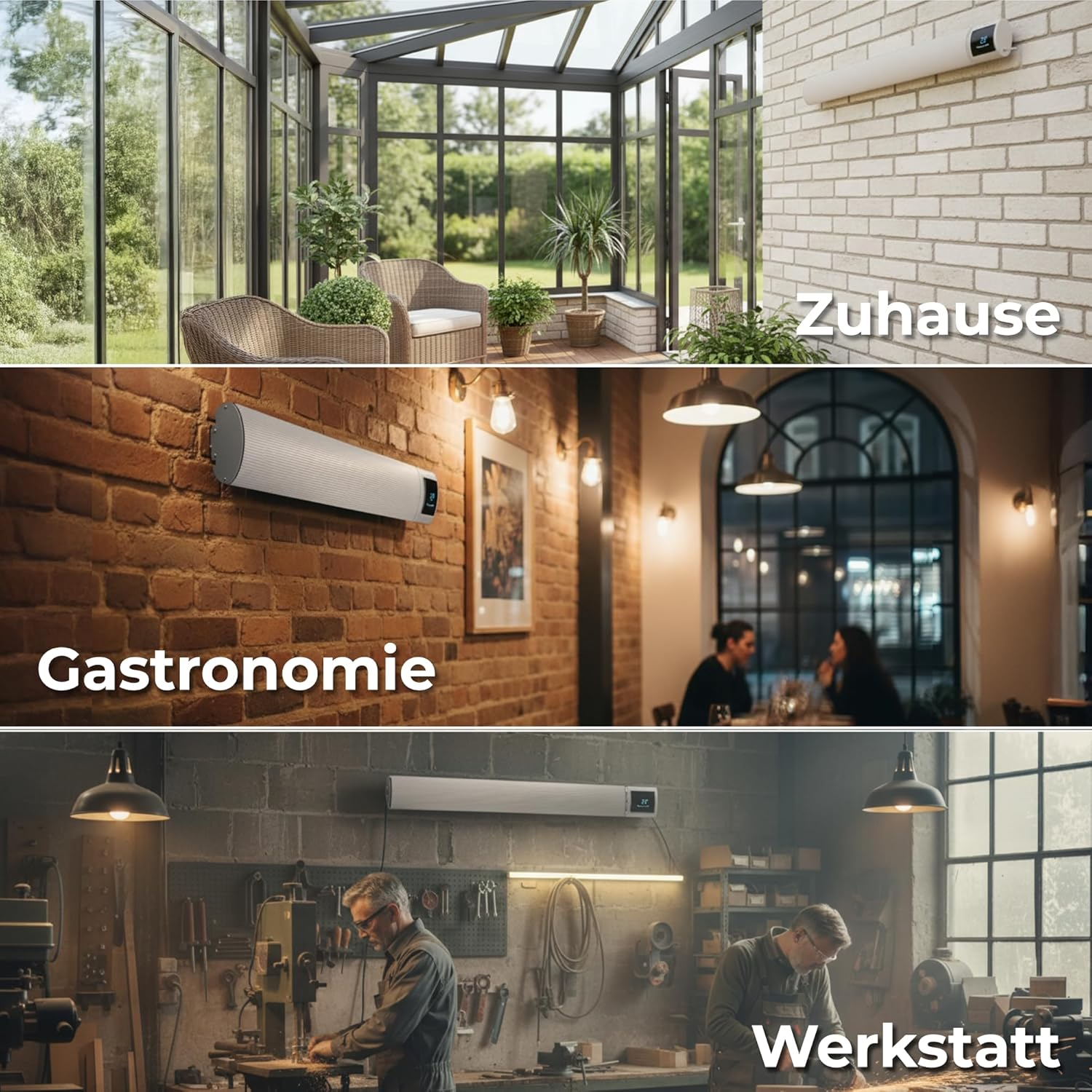 Drei Szenen mit Heizstrahlern in einem Wintergarten, einem Restaurant und einer Werkstatt.