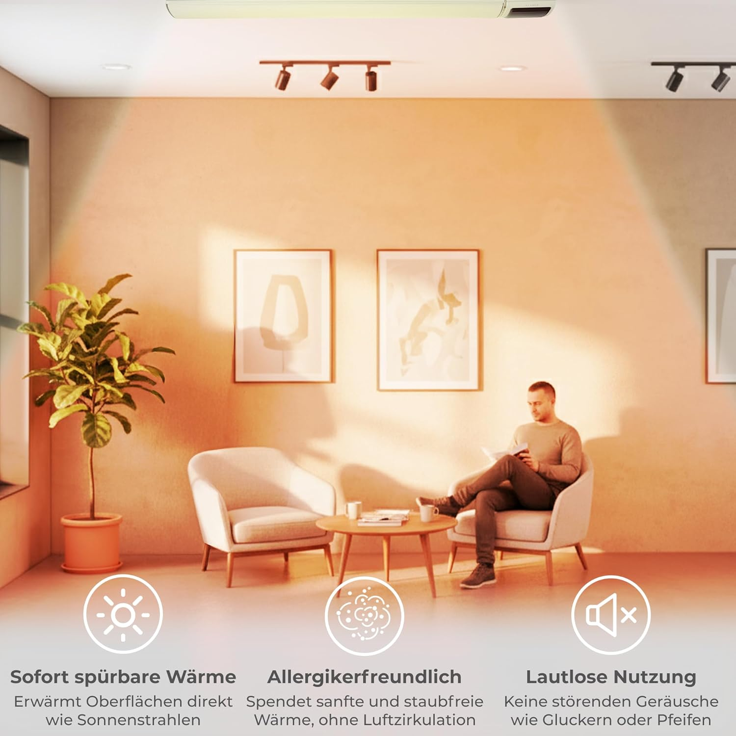 Ein Mann sitzt in einem warm beleuchteten Raum auf einem Sessel und liest, mit Pflanzen und Bildern an der Wand.