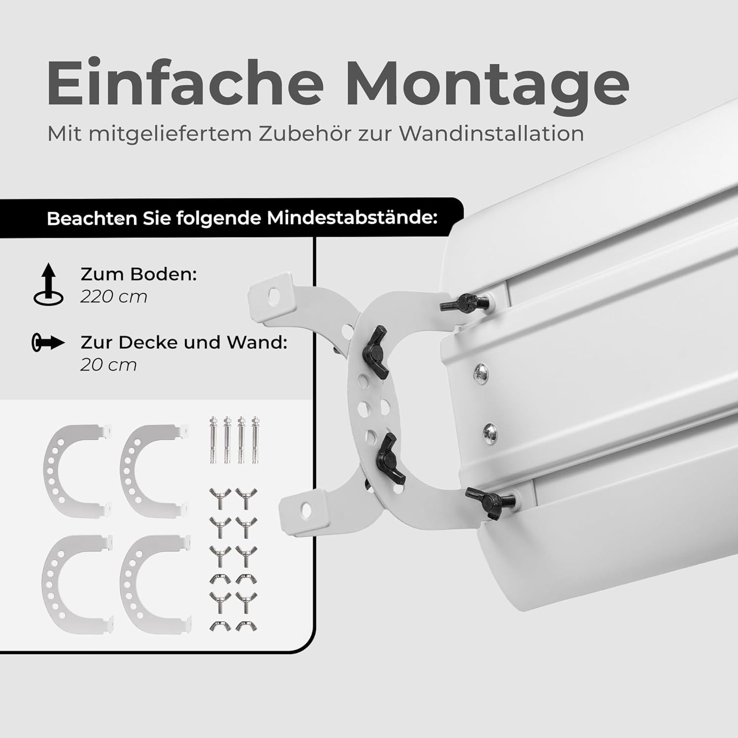 Diagramm zeigt Installationsanleitung, Mindestabstände und mitgeliefertes Zubehör für die Wandmontage.