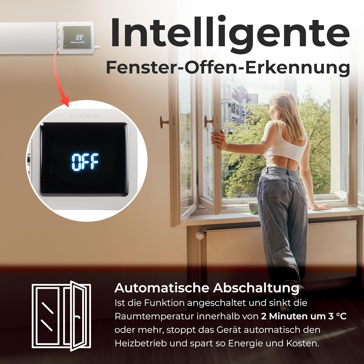 Frau öffnet Fenster, während ein Thermostat mit OFF-Anzeige und automatischer Abschaltung zu sehen ist.
