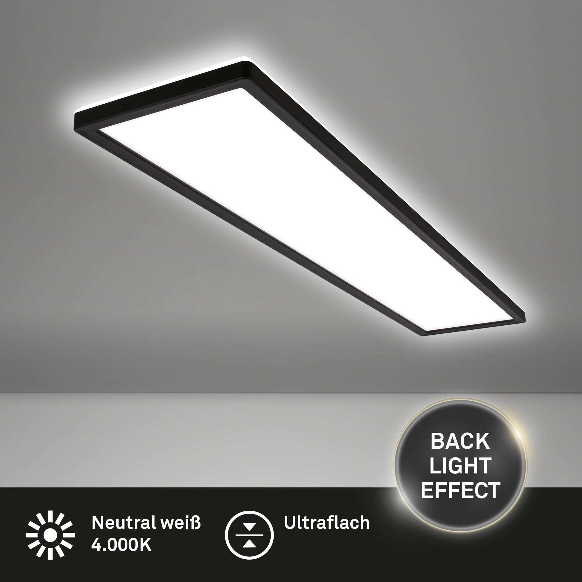 Plafoniera LED nera e ultrapiatta con effetto controluce e luce bianca neutra di 4000K montata a soffitto.