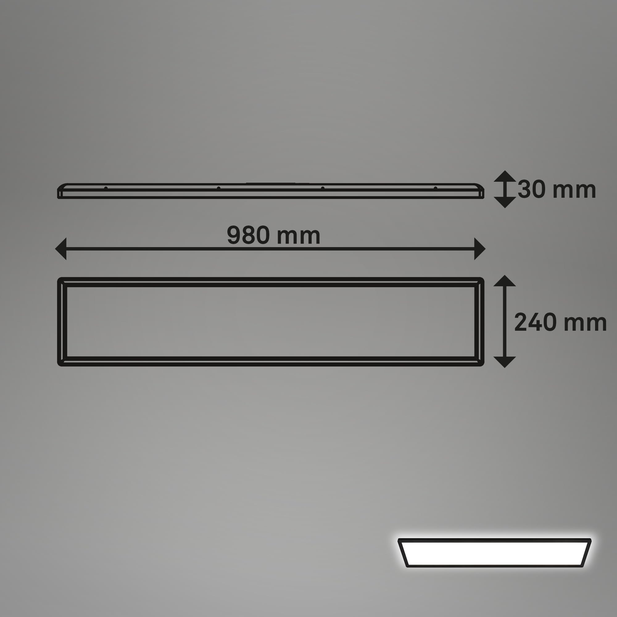 Disegno tecnico di un apparecchio di illuminazione rettangolare di 980x240x30 mm.